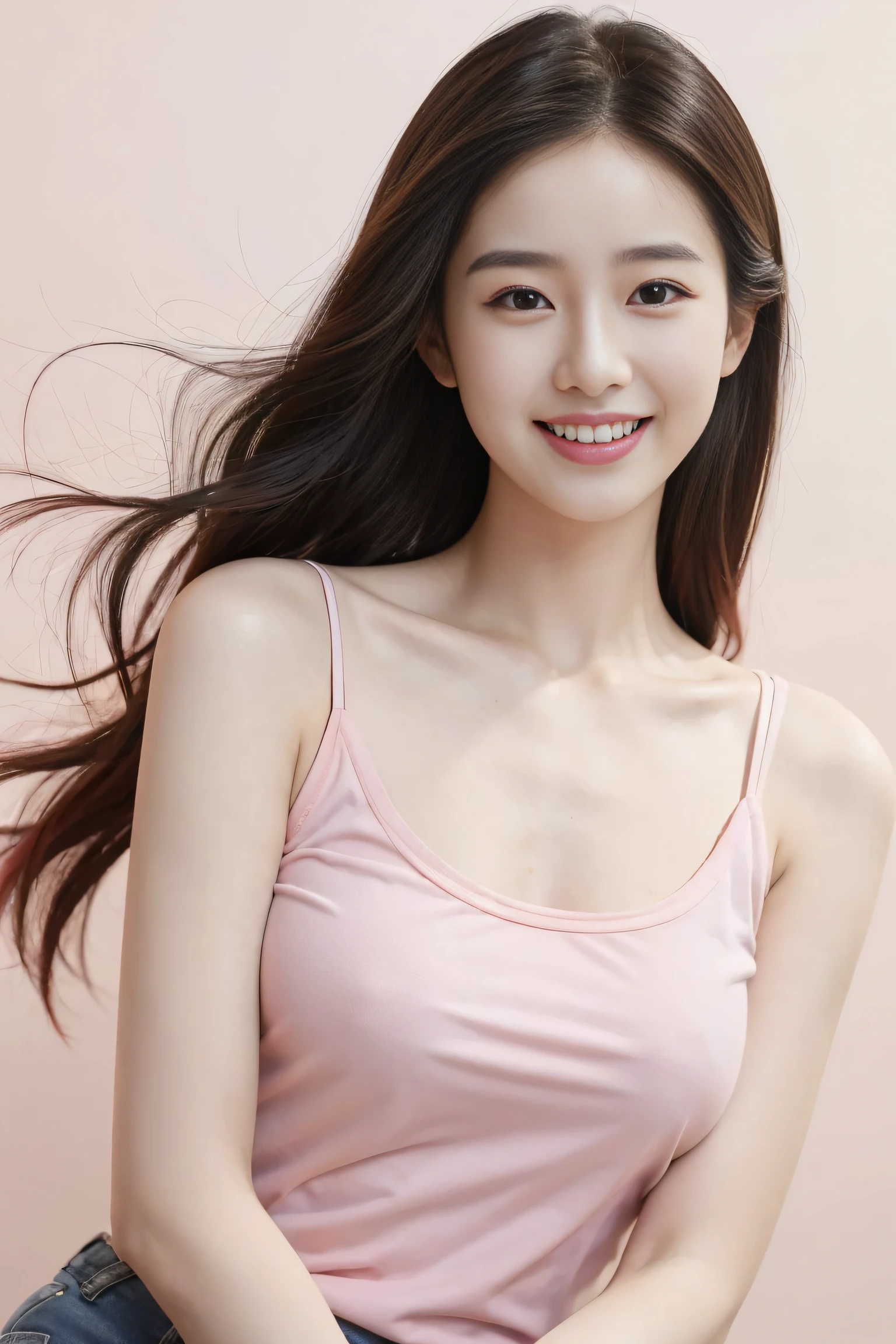 (Best quality, Complex details: 1.2,Realistic:1.2) ,A girl\(24 years old\),[Liu Yifei:0.9],(pink|red:0.2 camisole:1.2),(Denim shorts),long hair, grin,stand,(white skin:1.2),(many people:1.2),