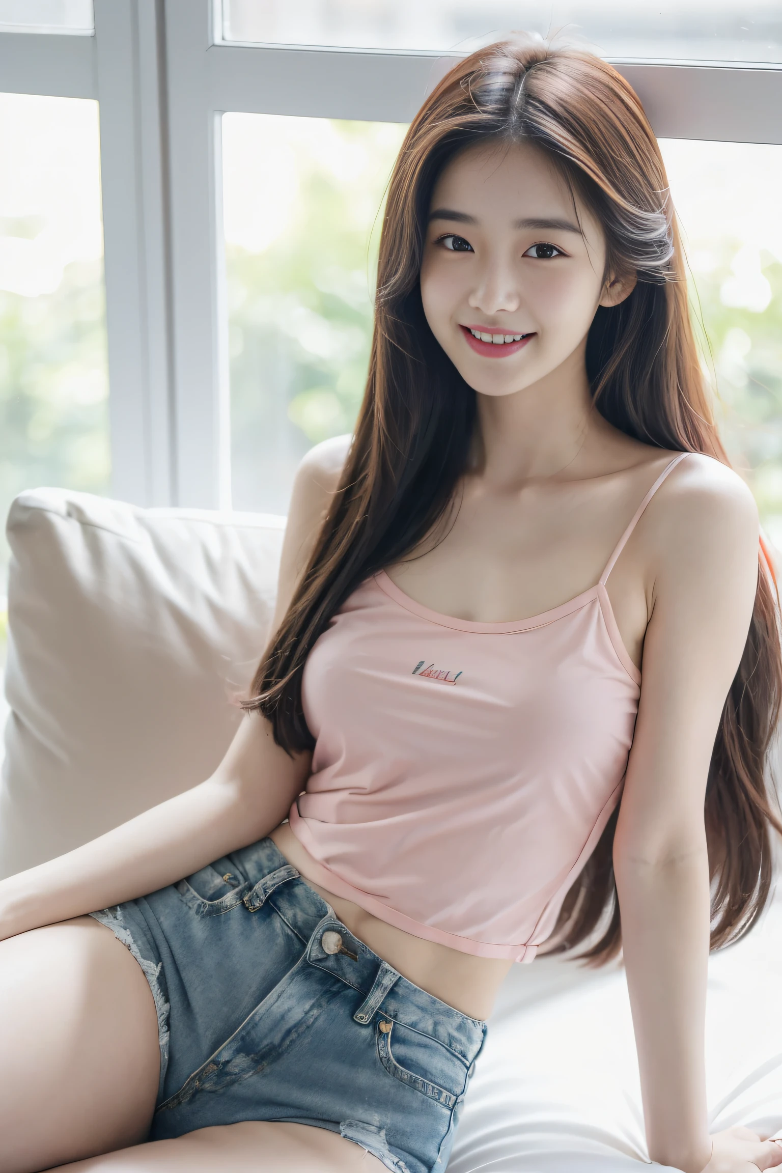 (Best quality, Complex details: 1.2,Realistic:1.2) ,A girl\(24 years old\),[Liu Yifei:0.9],(pink|red:0.2 camisole:1.2),(Denim shorts),long hair, grin,stand,(white skin:1.2),(many people:1.2),