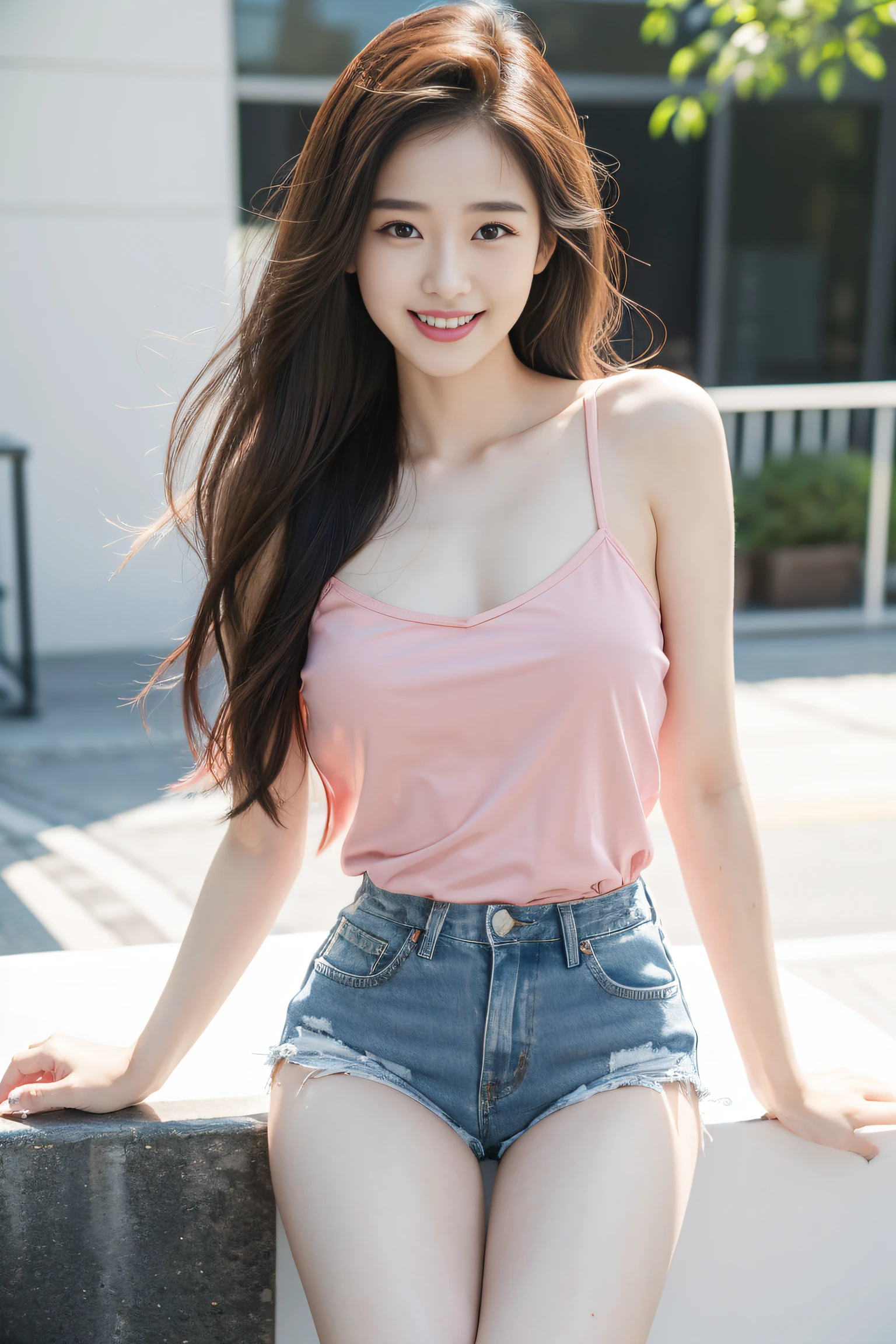 (Best quality, Complex details: 1.2,Realistic:1.2) ,A girl\(24 years old\),[Liu Yifei:0.9],(pink|red:0.2 camisole:1.2),(Denim shorts),long hair, grin,stand,(white skin:1.2),(many people:1.2),