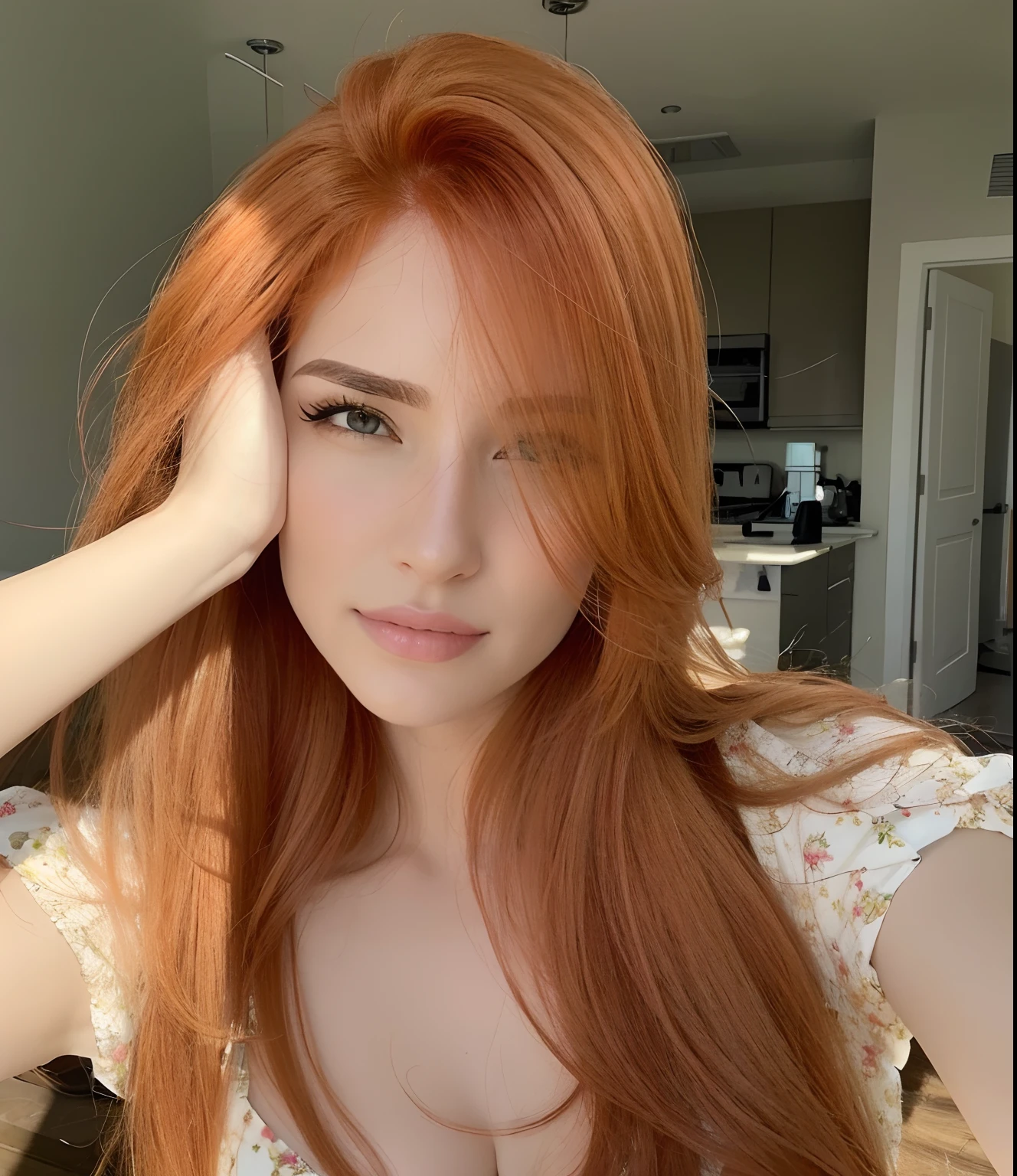 Mulher ruiva de cabelos compridos e olhos azuis posando para uma foto, Ela tem longos cabelos castanhos alaranjados, ela tem cabelos longos e redorange, red hair and attractive features, flowing ginger hair, ela tem cabelos ruivos, she is redhead, Amouranth, cabelo de gengibre, red head, longos cabelos ruivos brilhantes, pele laranja e cabelo ardente longo, Cabelo de gengibre com sardas