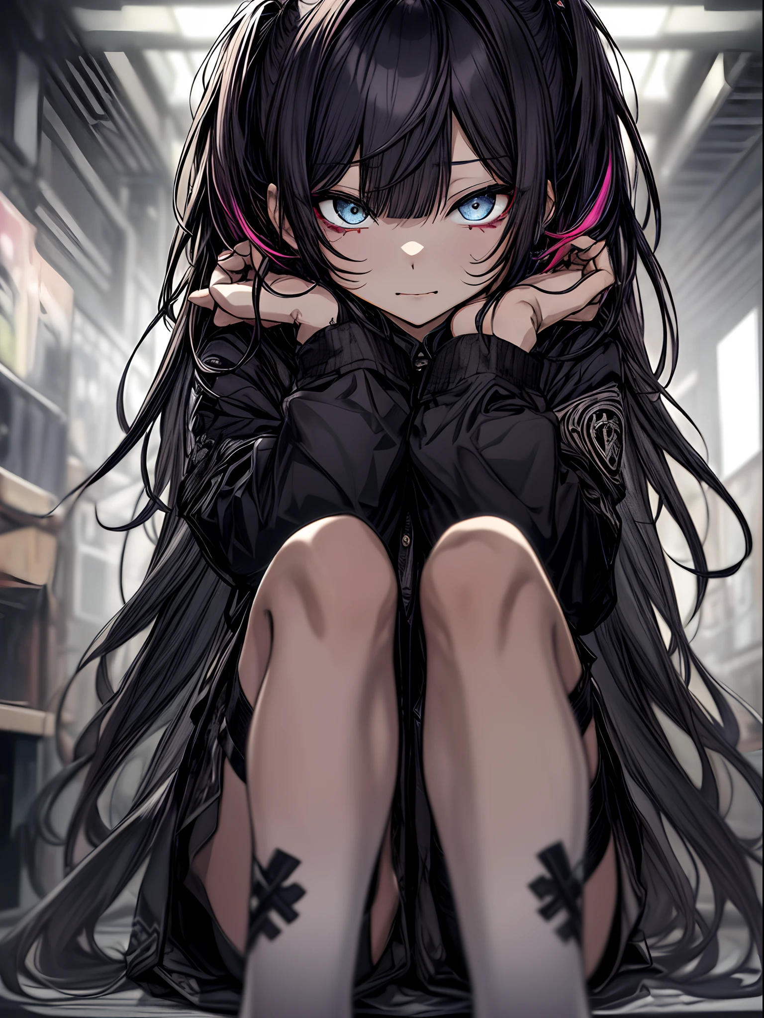 Full body、Sit on a chair, cross one's legs、bag、High School Costume、long、校服、A dark-haired、Twin-tailed、Ahegao ( Silly / Sexual ecstasy)、Cross-eyed、Stranger、View other people、Blunt bangs、 over-kneehighs,Ahegao , Silly,Sexual ecstasy,Drunken eyes,Blunt bangs,,(masutepiece:1.2, Best Quality), (finely detailed beautiful eye: 1.2), (Detailed background,Dark Fantasy), (beautifull detailed face), High contrast, (Best Illumination, extremely delicate and beautiful), ((Cinematic Light)), Colorful, Hyper Detail, Dramatic light, Intricate details,