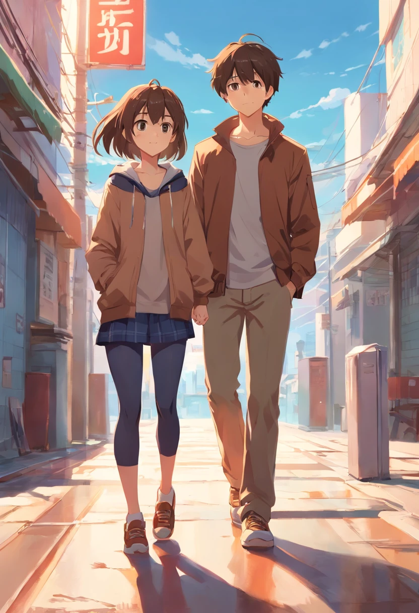a girl , , bangs, brown clothes,a boy, taller than the girl,boyfriend, cute position with girl
