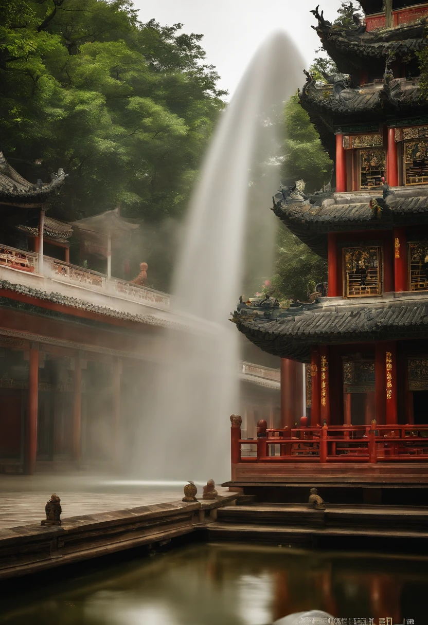 In front of the building there is a fountain with a fountain head, a statue by Wang Yi, Flickr, cloisonne, Taoist temples and monks, immortality fountain, Fountain in the middle, chengwei pan, guangjian, Ancient sword, Wu Liu, water temple, shaxi, full - view, The fountain, nanquan, wang liang
