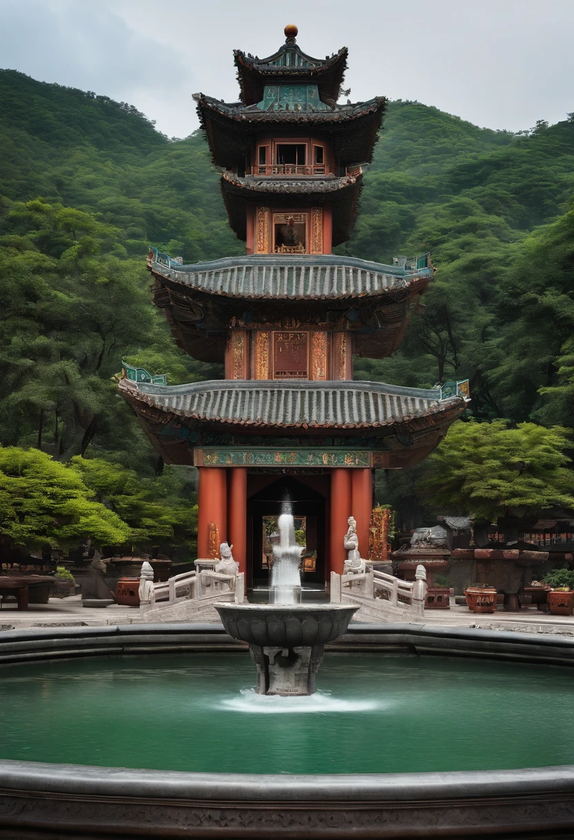 In front of the building there is a fountain with a fountain head, a statue by Wang Yi, Flickr, cloisonne, Taoist temples and monks, immortality fountain, Fountain in the middle, chengwei pan, guangjian, Ancient sword, Wu Liu, water temple, shaxi, full - view, The fountain, nanquan, wang liang