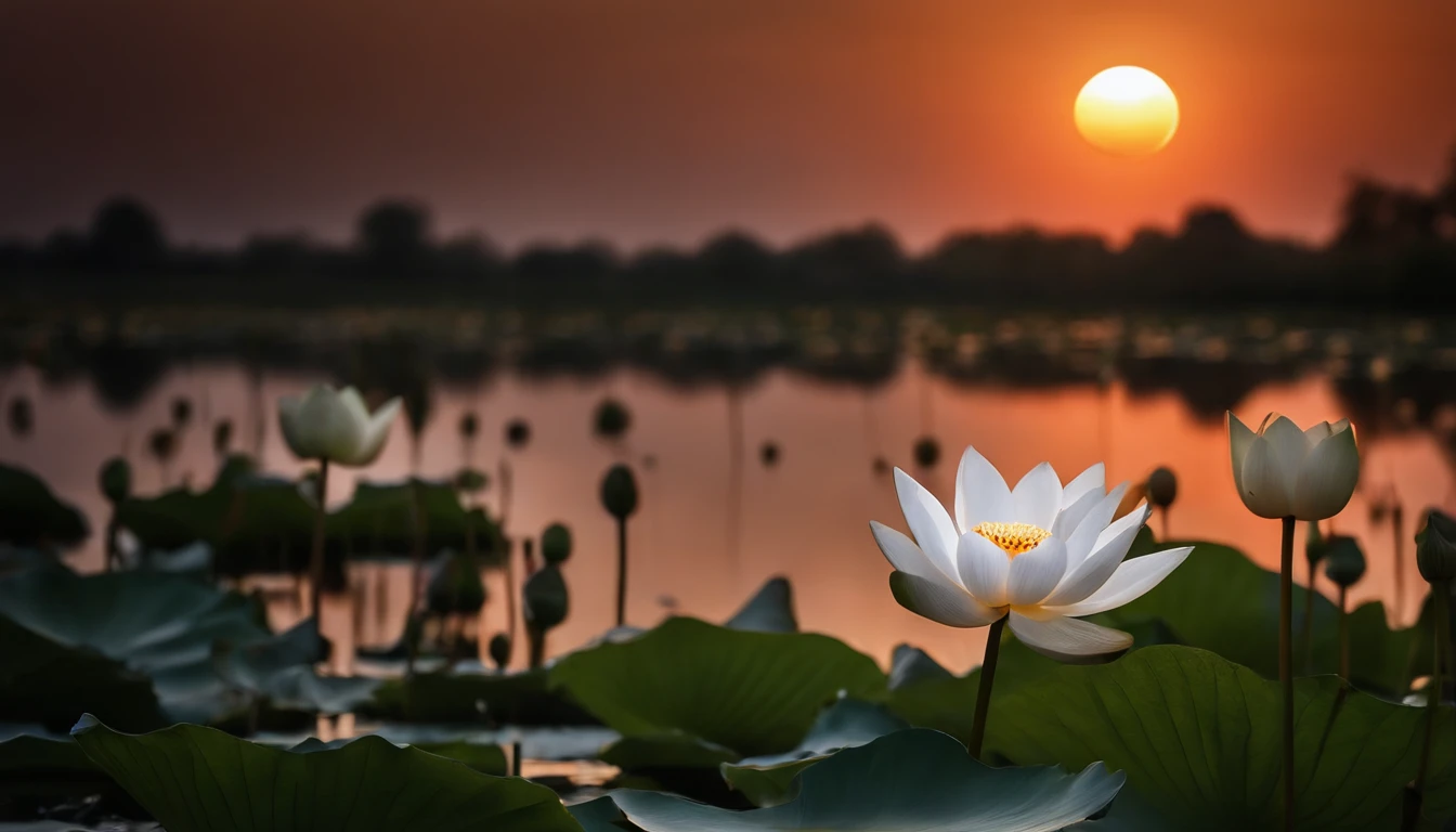 Masterpiece, Authentic photo, Concise composition: 1.5), Night, Moonlight on lotus pond, White full moon, Beautiful artistic concept, White flowers, Flor reflectante, Paul Barson, foto muy bonita, inspirado por Igor Zenin, Silence, Beautiful flowers, Rot, Mysterious beauty Calmness, Calm expression, Delicate and radiant flowers, With lotus flowers, By Igor Zenin, Flores de lotus, Beautiful radiance, Blue flowers, Very calm mood, Calm expression