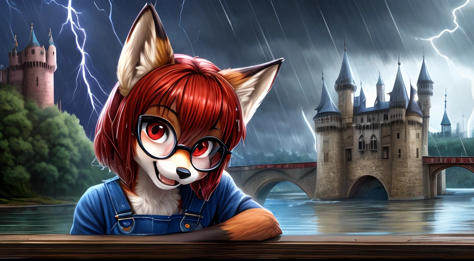 Young fox furry girl with short red hair, beautiful red eyes, wearing glasses, wearing overalls and a top,  standing on a draw bridge, hands hips, bending sightly over, smiling with teeth  looking up at the castle, with haunted castle in the background, while a thunderstorm rages, wet clothes and wet hair, seen from above