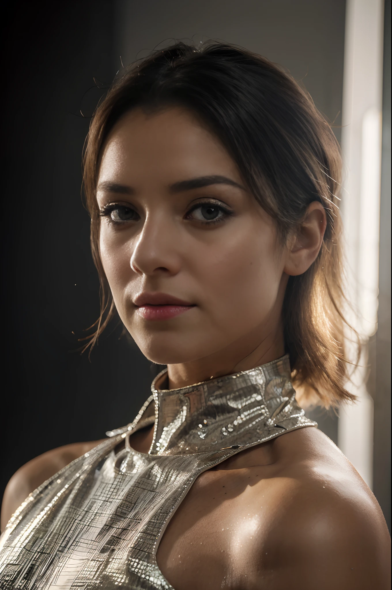 foto de uma Mulher indiana de 25 anos, RAW, mulher bonita, (cabelo castanho ondulado extra longo), ((retrato)), ((rosto detalhado: 1.2)), ((detailedfacialfeatures)), (pele finamente detalhada), pale skinned, terno bodycon hasmat bodycon de decote profundo altamente detalhado, ambiente megacity, (cores frias), humid, humid, reflexos, (obra-prima) (perfect aspect ratio)(foto realista)(melhor qualidade) (detalhado) fotografado em uma Canon EOS R5,  Lente de 50mm, F/2.8, HDR, (8k) (papel de parede) (cinematic lighthing) (lighting dramatic) (foco nítido) (intrincado) moda