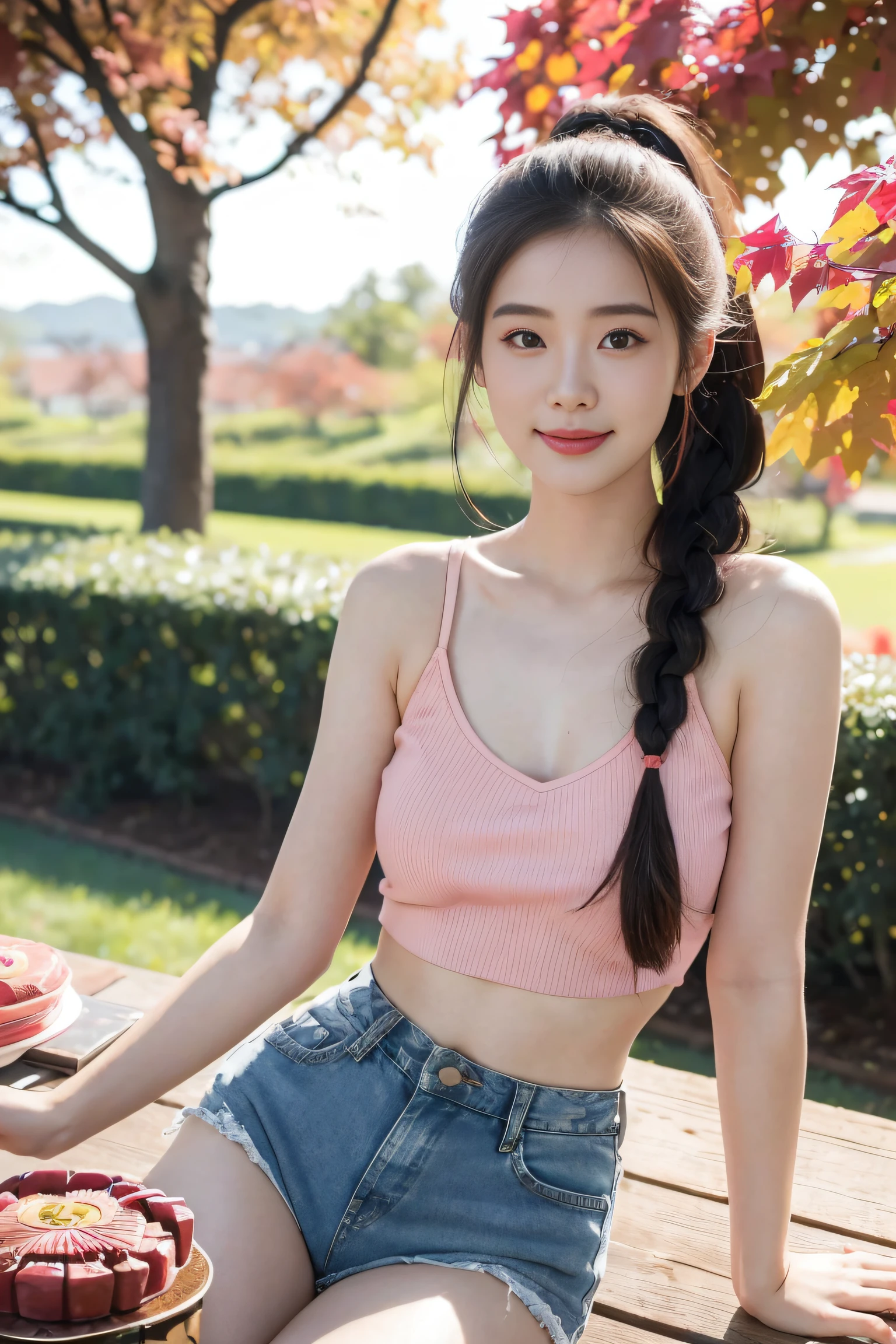 (Best quality, Complex details: 1.2,Realistic:1.2) ,A girl\(23 years old\),[Liu Yifei:0.9],(pink|red top bank:1.2),(Extra-short denim shorts)，(farmhouse:1.2),tree,Red leaves,autumn,bare braid,kind smile,siting,chinese moon cake on the table,(white skin:1.2),