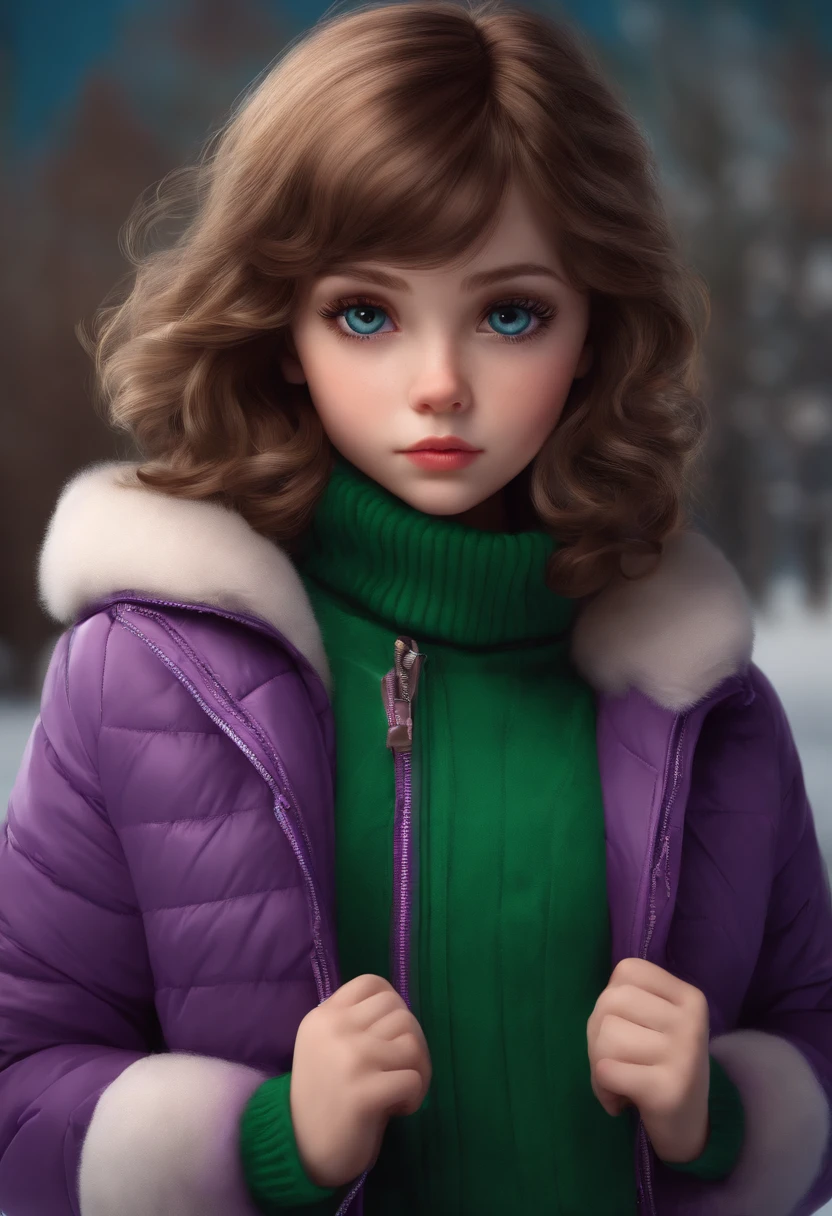 girls, Brown hair, bob hair cut, With bangs, Purple snow jacket，Layered over a green sweater, hands crossed, The expression is slightly serious, Big eyes,  White gloves, Blue eyes,