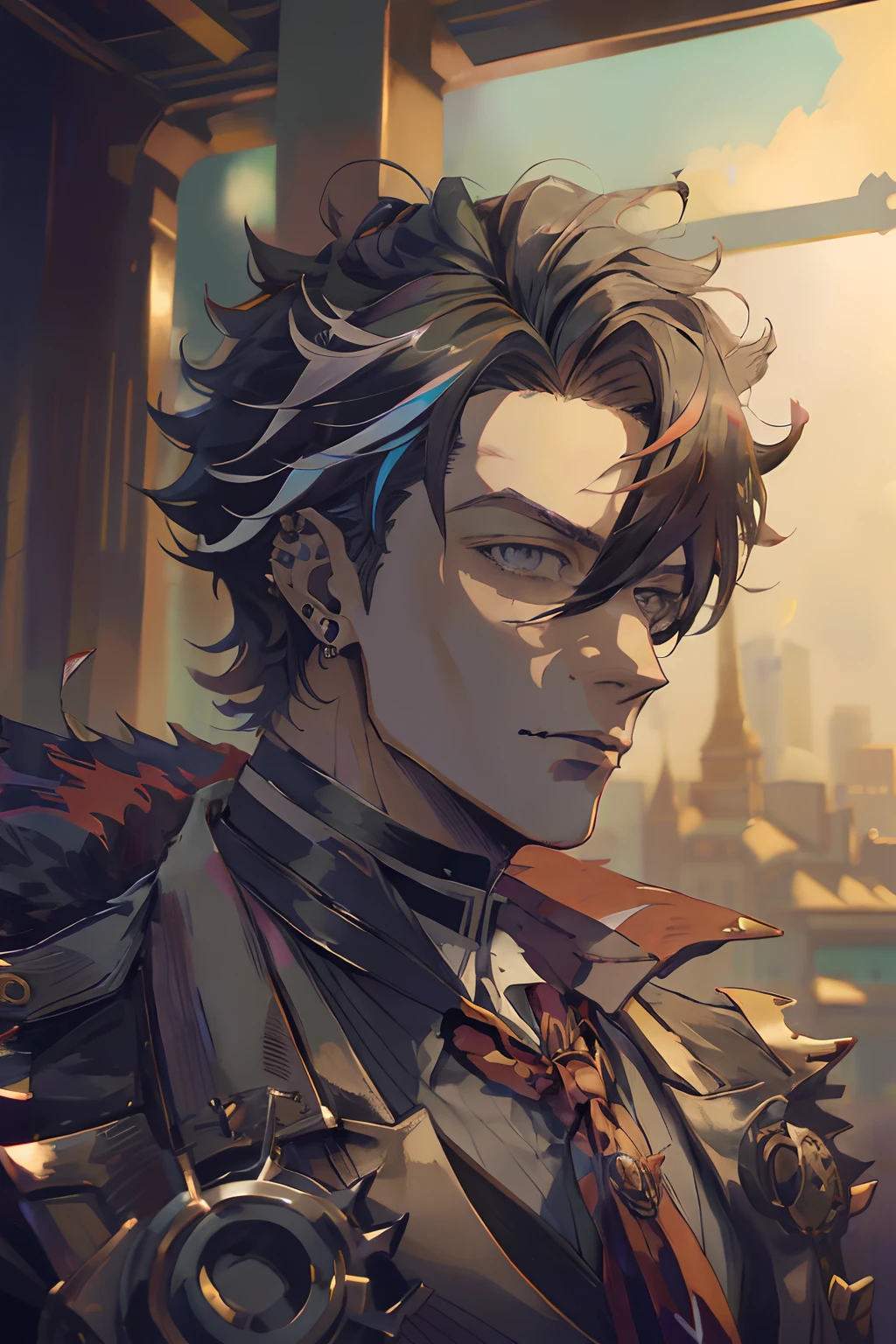 anime - style image of a male character dressed in a suit and tie, key anime art, mature handsome guy, detailed key anime art, steampunk male portrait, detailed anime character art, kawacy, detailed digital anime art, anime portrait of a handsome man, highly detailed exquisite fanart, Steampunk,1man, adult male, muscular, black hair, grey streaks, multicolored hair, pointy hair, short hair, grey eyes, earring, tie, black clothes, jacket, grey clothes, tie, red tie, black furr, gloves, brooch,
