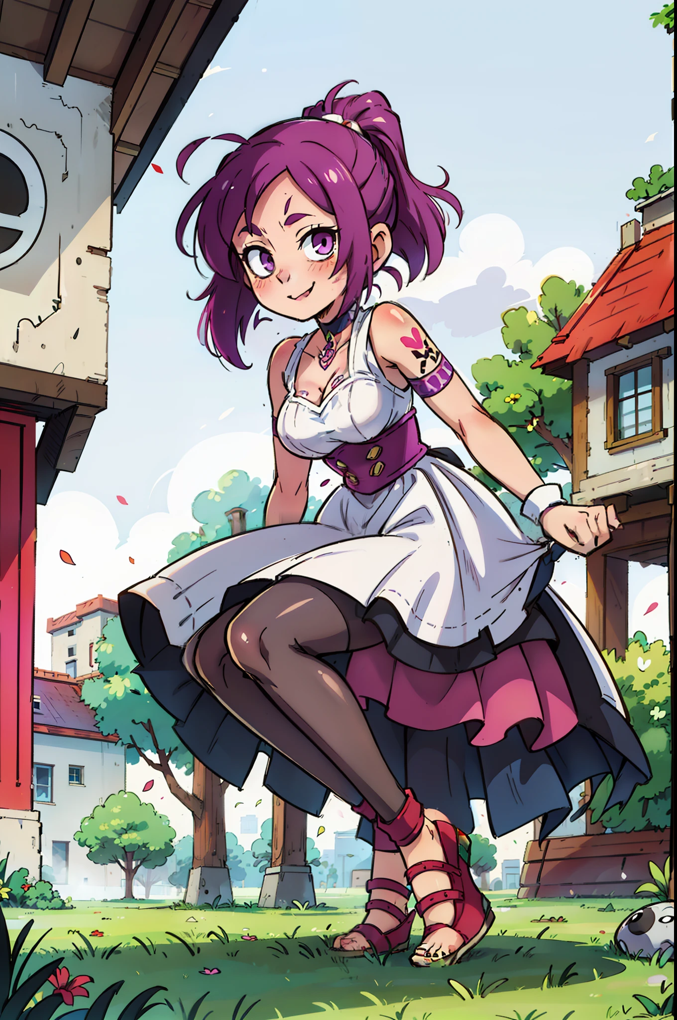 Colorful, Up-close, purple color hair, Ultra-realistic hair quality, Vibrant colors, Young Girl, 14years old girl, Beautiful long hair, Shiny hair, detailed hairs, Hair Ribbon, Single-sided up, left ponytail, Reo Mikage, Blue Lock, no sleeves, Sleeveless, open shoulders, Cinderella, drawing, Cinderella with panniers, Cinderella Dress, Lace dress, long dress, white stockings, stockings, Chest exposure, Lace underwear, Metamorphosis is exposed, buckle, Choker, Black Choker, complete fingers, Five Fingers, Two arms, Two hands, The tattoo, body tattoo, arm tattoos, Blue Rose Tattoo, Tattoo on the wrist, Tattoo on the thigh, Relative area, Sexy breasts, Big breasts, red blush, 1girl in, Solo, Sharp face, Heterochromia, Green eyes, Purple eyes, Bare neck, Happy face, light smile, skirt in dress, pannier in dress,sitting on the grounds, Scenery of Shanghai, Castles, crouching down, bare foot, sandals, masutepiece, Ultra-detailed, Hyper-detailing, anime, anime style, Best Quality