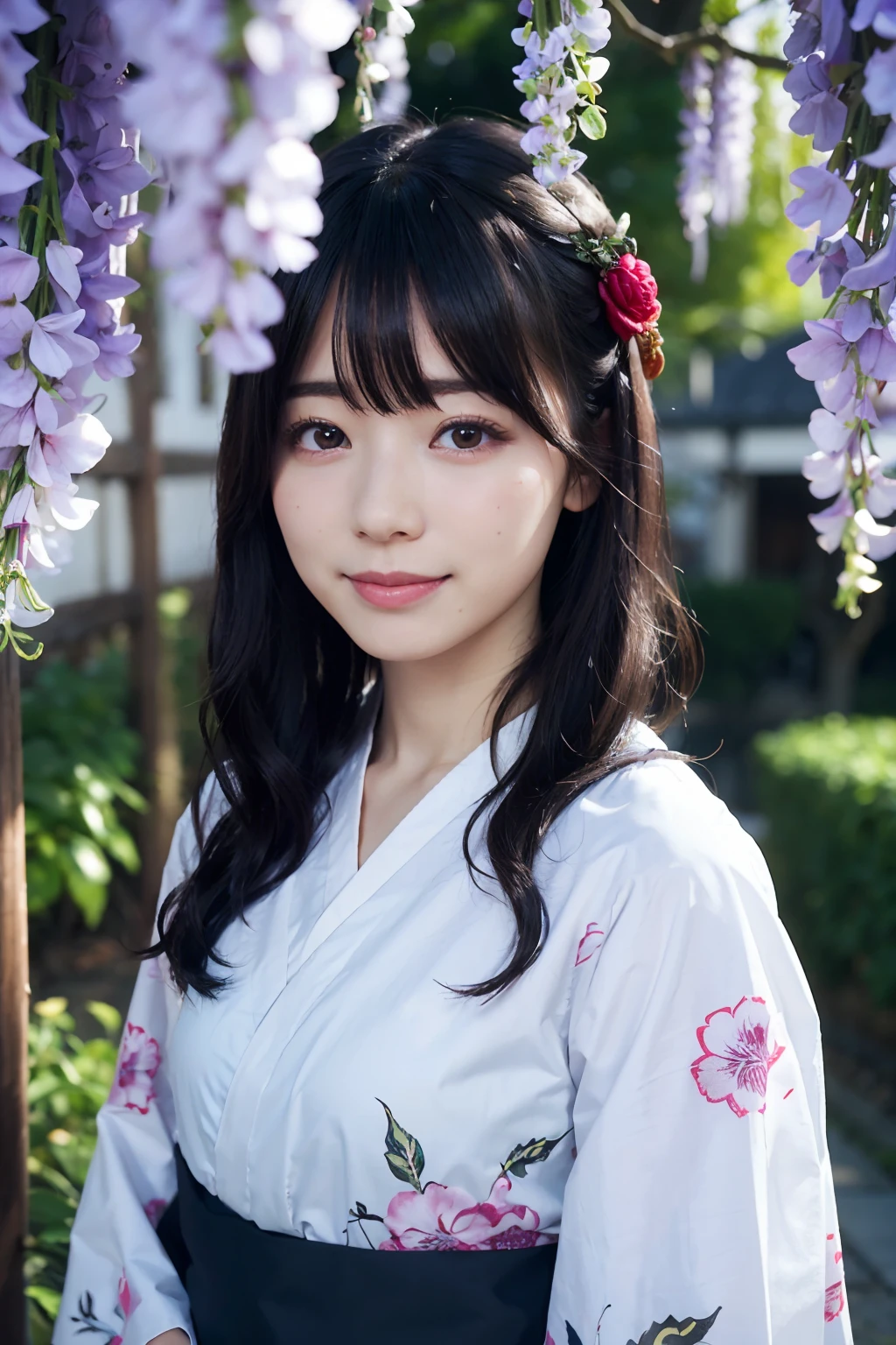((masutepiece)), ((Best Quality)), (Ultra-detailed), ((Extremely detailed)), 4K, (8K), Best Quality, (Beautiful), Dynamic Angle, Wisteria flower tree, Cute little girl s, 1girl in, Solo, Kimono, japanese cloth, beautiful black hair0, ((Beautiful eyes))0, Smile