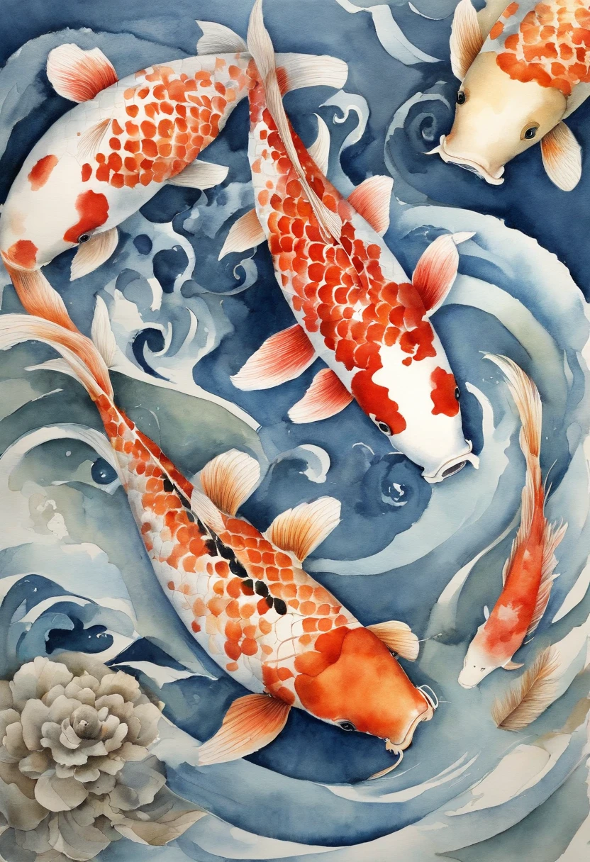 best quality, Meisterwerk, (9 Koi Fische: 1,5), Stil von Hokusai, Ukiyoe-Malerei ying yang pattern