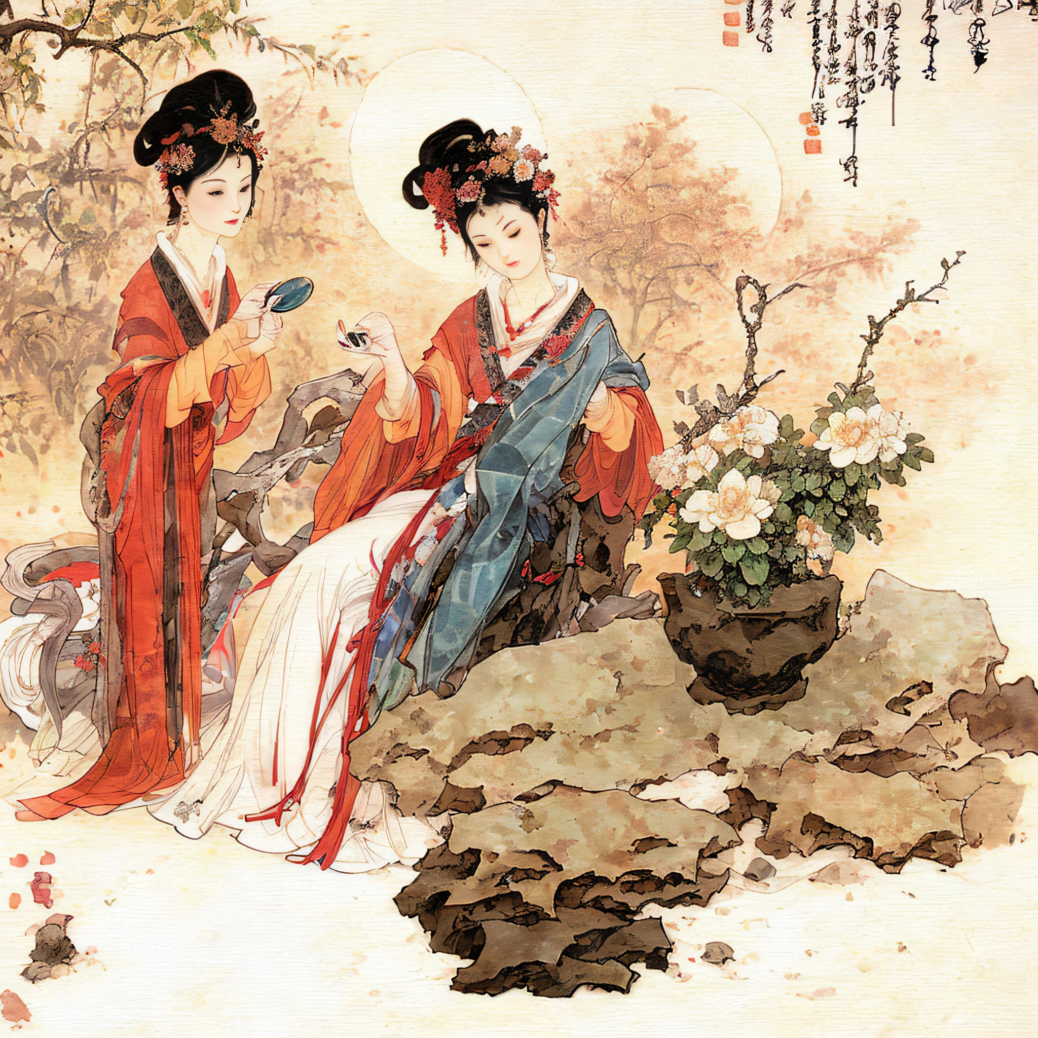 Masterpiece, Best quality,(full bodyesbian:1.3), Solo,chinese paintings,Beautiful face and eyes details of Chinese girl, Perfect skin,make happy expressions,Holding a wine glass in his hand,clean color,Low-saturation colors,Colors of low brightness,rich details​,Ancient Chinese Ming dynasty style,Quiet and elegant atmosphere,The red tone is the keynote,Pure,light make-up,Jade jewelry,hair adornments,moon full,Colorful,sharp and clear focus,instagram most viewed, Concept artist, Depth of field,flower,Bush