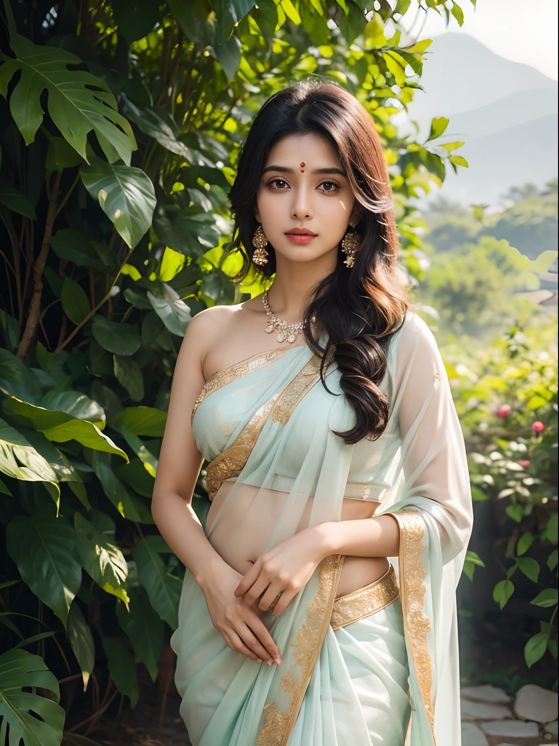 Indian bhabhi, wearing saree, natural lighting, perfect face, perfect eyes, perfect nose, perfect lips, perfect body, photoshoot, natural  lighting, flower plants background, mountain in back,