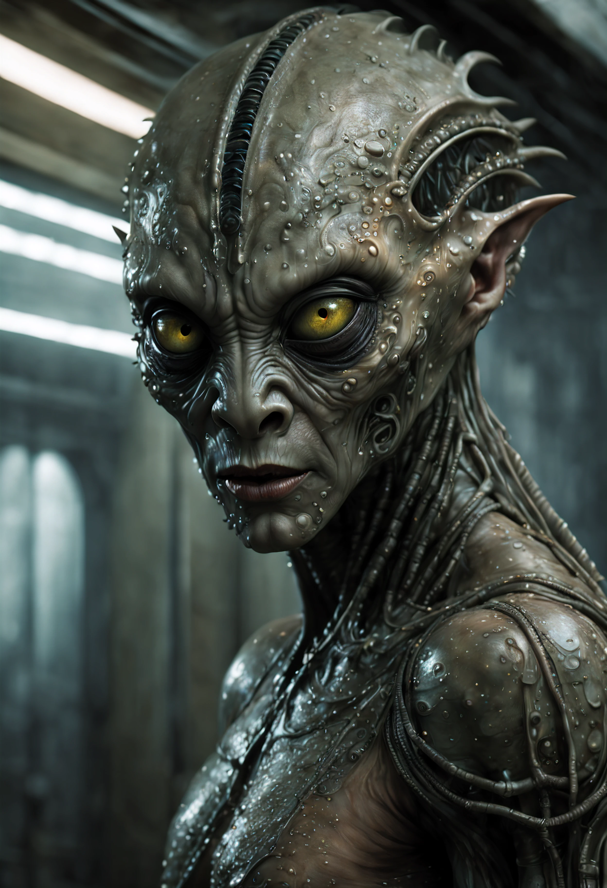 masterpiece, a creepy scary alien creature with alien skin and clothing, with a damp and steamy highly detailed spaceship corridor in the background, sci-fi, flickering halogen lamps, muted dark colors, high dynamic range, aggressive pose, sultry, full body, perfect face, detailed face, perfect body, alien tattoos, scars, smudge, oil greased skin, complex details, highly detailed body, highly detailed skin, highly detailed face, reflective textures, wet skin, dripping water, The Alien film franchise, photorealistic, masterpiece, hyperrealism, analog style, 8K UHD, RAW, octan render, concept art, professionally color graded, muted LUT, HR Giger, Hans Ruedi Giger, by Aaron Horkey and Jeremy Mann