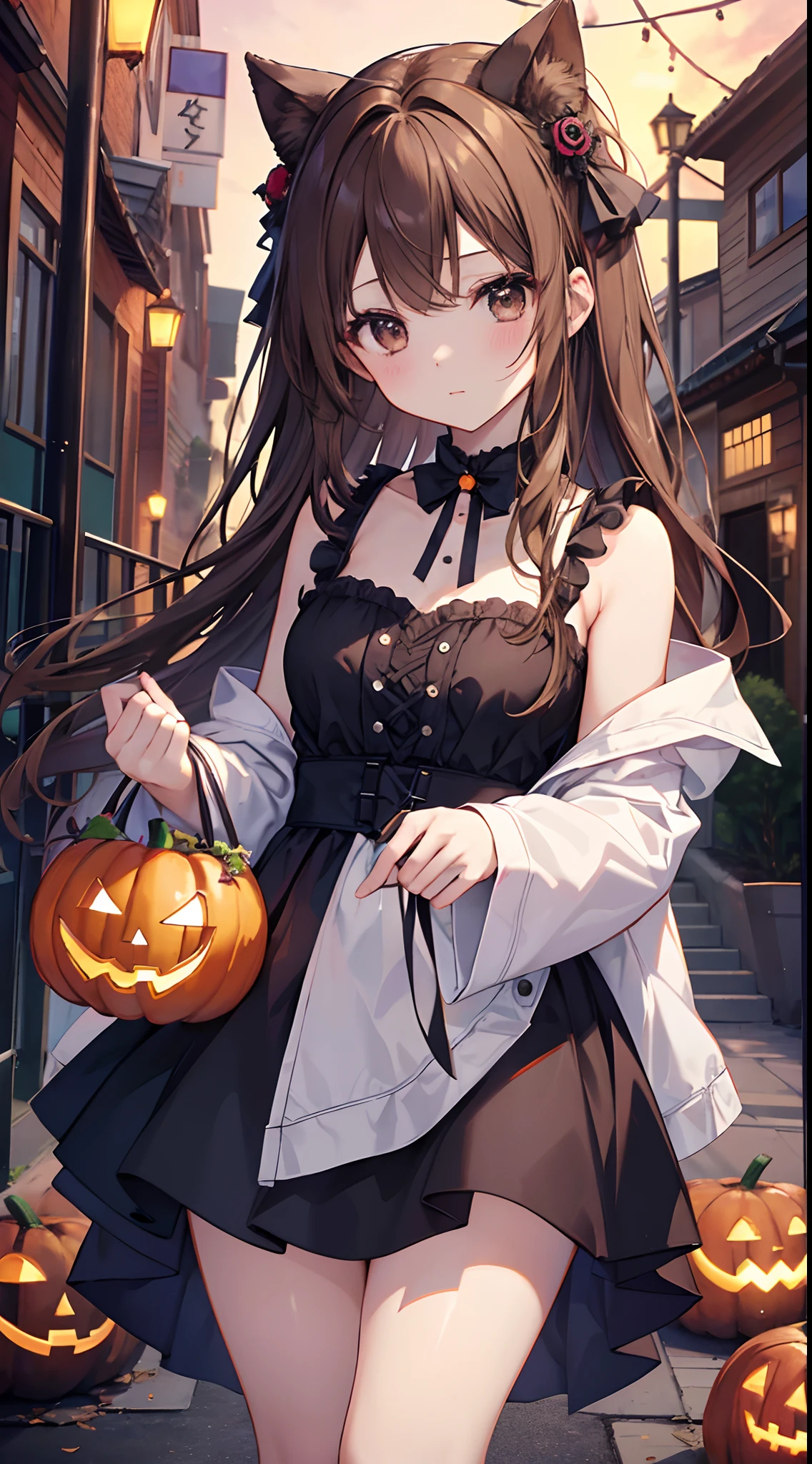 Hi-Res、​masterpiece、Chizuru Ichinose、Brown hair、Soio、Female one、outside of house、细致背景、A detailed eye、（（Brown-eyed））,Halloween Cosplay、Lots of jack-o'-lanterns、 Beautiful and perfect legs, Clean and perfect hands