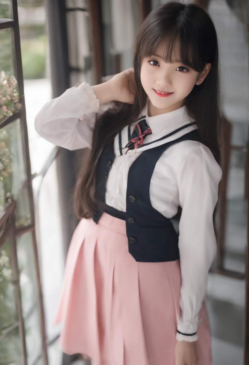 ((highest quality、8k、masterpiece:1.3)),((((cowboy shot)))),Ultra-high resolution,big eyes,Japanese,bangs,(a girl),(1 girl),((20 years old)),((facing at viewer)),(long hair),(((black school uniform))),((sitting on chair)),(((open leg))),grin,(pleated mini skirt),((black floral pattern )),((skirt lift))