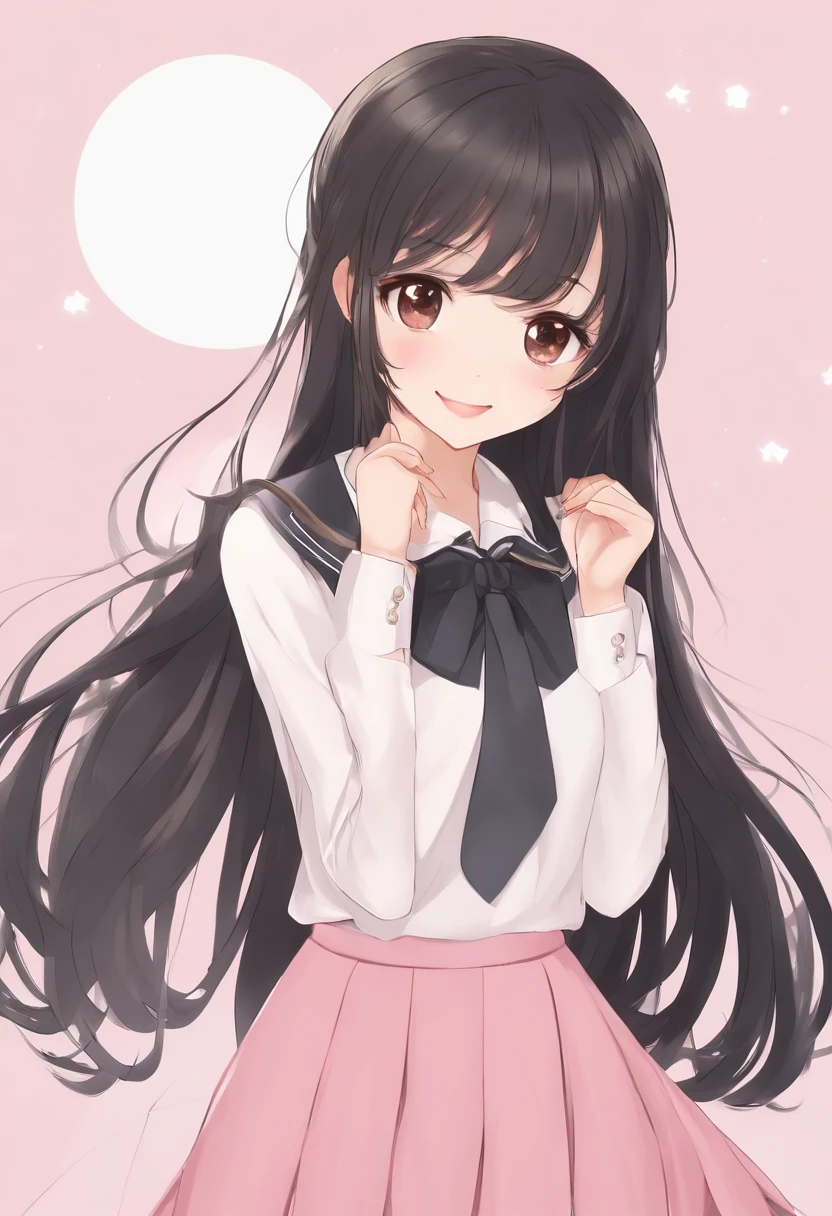 girls, black color hair, Long hair, With bangs, The face shape is cute，Pink skirt， The expression is happy, The eyes are not big， Single Eyelids，,with brown eye,