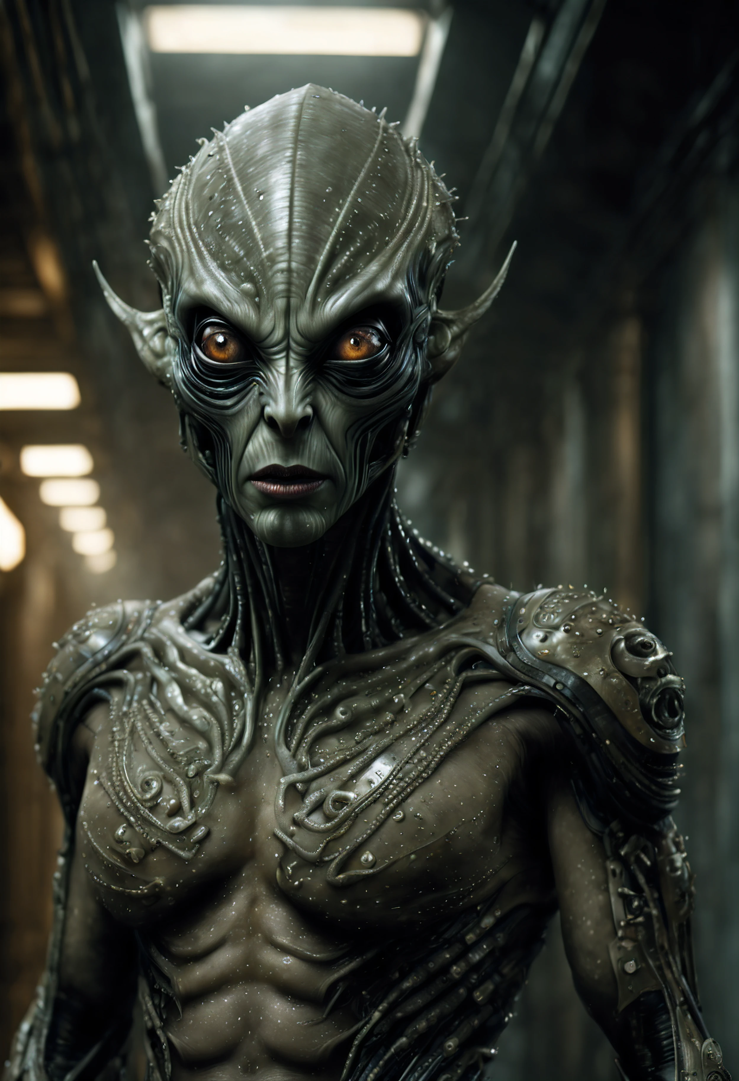 masterpiece, a creepy scary alien creature with alien skin and clothing, with a damp and steamy highly detailed spaceship corridor in the background, sci-fi, flickering halogen lamps, muted dark colors, high dynamic range, aggressive pose, sultry, full body, perfect face, detailed face, perfect body, alien tattoos, scars, smudge, oil greased skin, complex details, highly detailed body, highly detailed skin, highly detailed face, reflective textures, wet skin, dripping water, The Alien film franchise, photorealistic, masterpiece, hyperrealism, analog style, 8K UHD, RAW, octan render, concept art, professionally color graded, muted LUT, HR Giger, Hans Ruedi Giger, by Aaron Horkey and Jeremy Mann