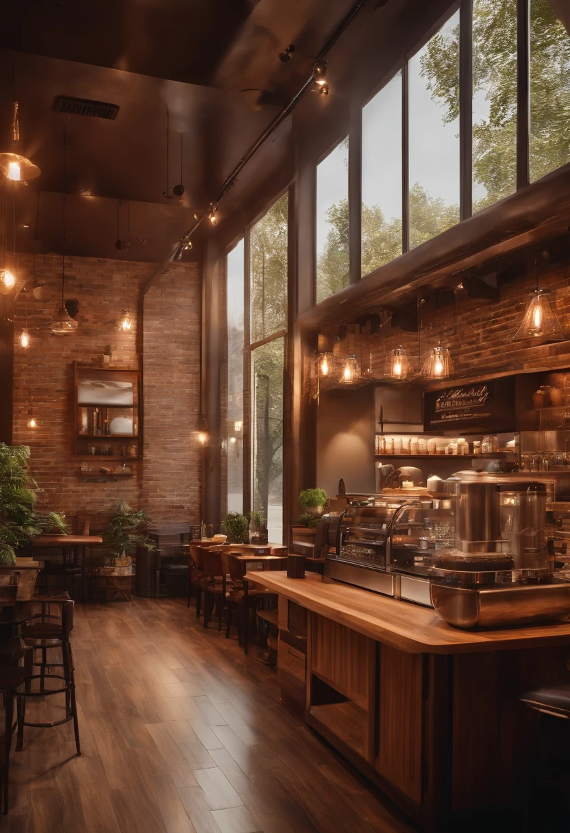 Coffee shop，Gorgeous renovation，refrigerator，cupboard，Wide scene，in a panoramic view，From the outside, hyper HD, High details