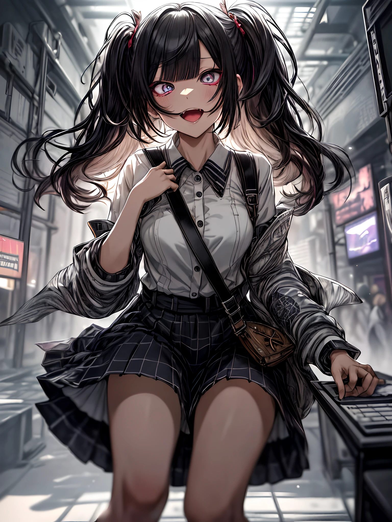 Full body、Sit on a chair, cross one's legs、Bag、High School Costumes、long、校服、A dark-haired、Twin-tailed、Ahegao ( Silly / Sexual ecstasy)、Cross-eyed、Stranger、View other people、Blunt bangs、 over-kneehighs,Ahegao , Silly,Sexual ecstasy,Drunken eyes,Blunt bangs,,(masutepiece:1.2, Best Quality), (finely detailed beautiful eye: 1.2), (Detailed background,Dark Fantasy), (beautifull detailed face), High contrast, (Best Illumination, extremely delicate and beautiful), ((Cinematic Light)), Colorful, Hyper Detail, Dramatic light, Intricate details,