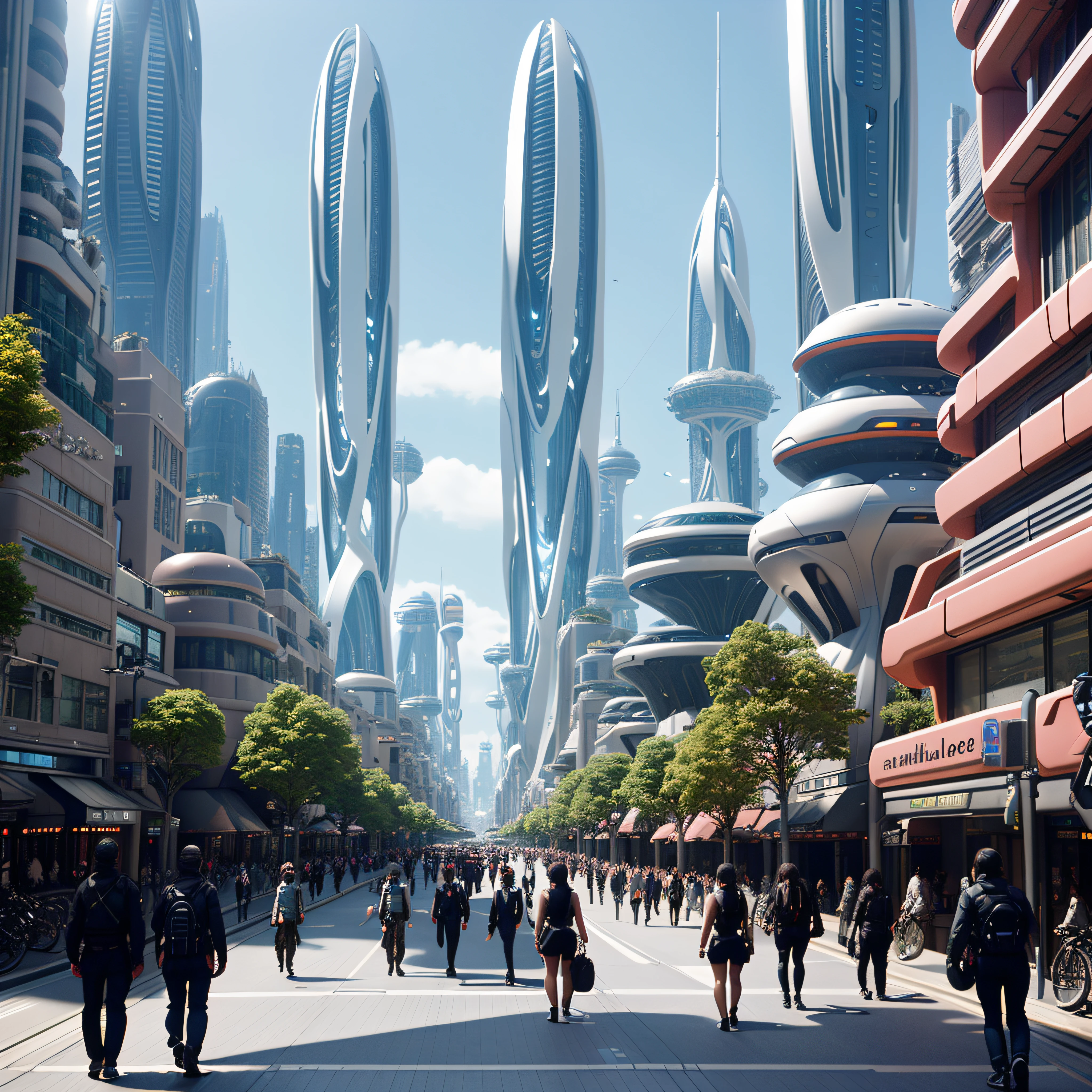 futurecity, day, a bustling city street filled with people walking and riding bicycles. The street is lined with tall buildings, creating a futuristic atmosphere. There are numerous people walking along the sidewalk, some carrying handbags and backpacks. A few individuals are riding bicycles, adding to the lively scene.