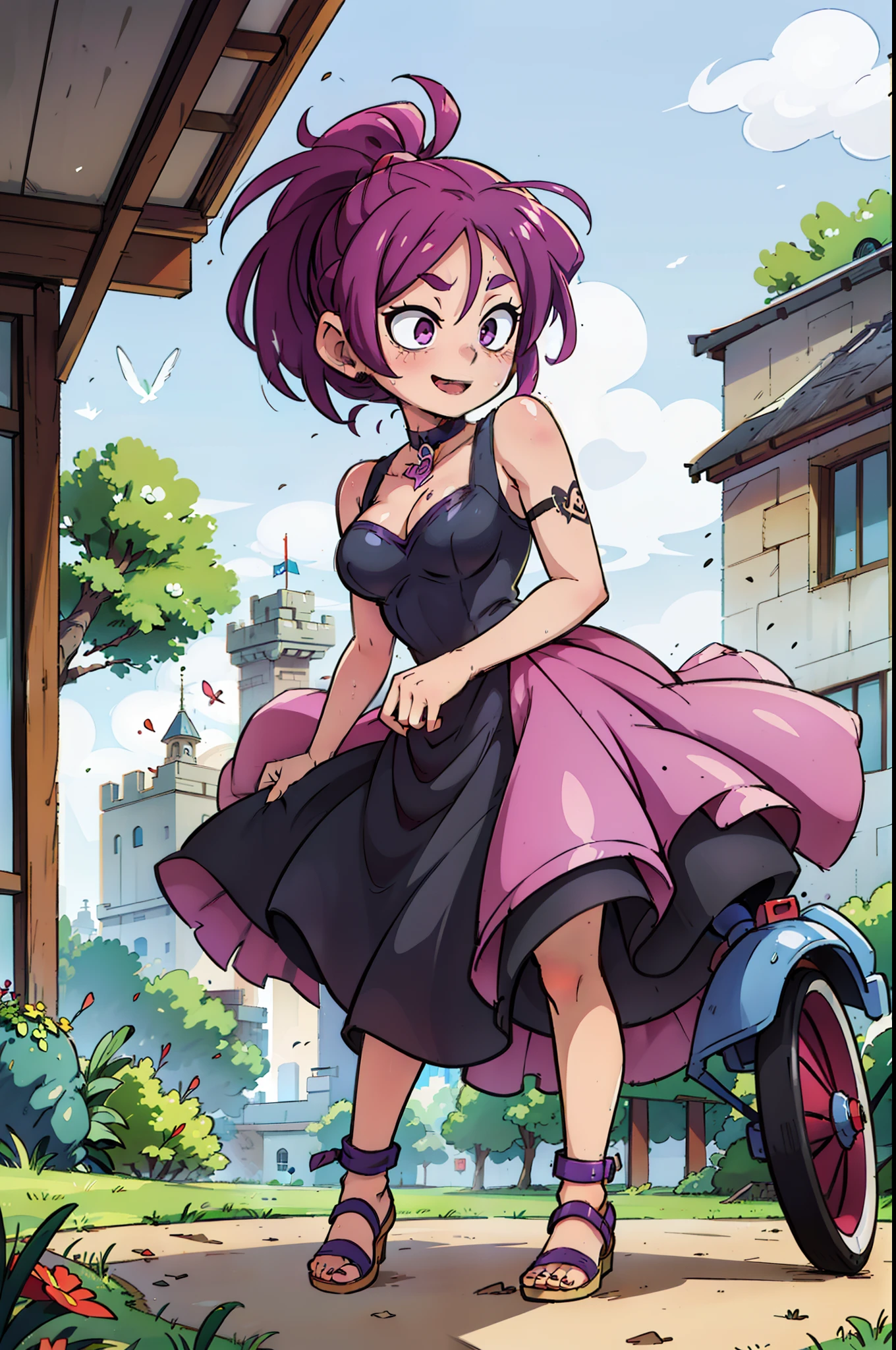 Colorful, Up-close, purple color hair, Ultra-realistic hair quality, Vibrant colors, Young Girl, 14years old girl, Beautiful long hair, Shiny hair, detailed hairs, Hair Ribbon, Single-sided up, left ponytail, Reo Mikage, Blue Lock, no sleeves, Sleeveless, open shoulders, Cinderella, drawing, Cinderella with panniers, Cinderella Dress, Lace dress, long dress, white stockings, stockings, Chest exposure, Lace underwear, Metamorphosis is exposed, buckle, Choker, Black Choker, complete fingers, Five Fingers, Two arms, Two hands, The tattoo, body tattoo, arm tattoos, Blue Rose Tattoo, Tattoo on the wrist, Tattoo on the thigh, Relative area, Sexy breasts, Big breasts, red blush, 1girl in, Solo, Sharp face, Heterochromia, Green eyes, Purple eyes, Bare neck, Happy face, light smile, skirt in dress, pannier in dress,sitting on the grounds, Scenery of Shanghai, Castles, crouching down, bare foot, sandals, masutepiece, Ultra-detailed, Hyper-detailing, anime, anime style, Best Quality