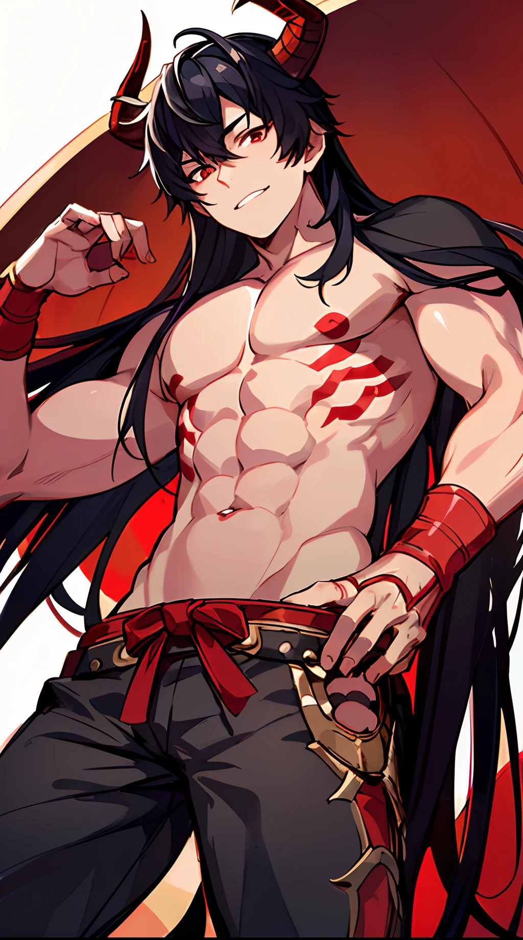 1boy, Solo, muscular, muscular, Red Eyes, Medium Hair, Black hair, Man with horns on his head, fit male demon with white horns, oni horns, with horns, Red skin, Best Quality, High quality, masutepiece, professional novel illustration, ((20yr old)), Thin, Happy, (((From below)))