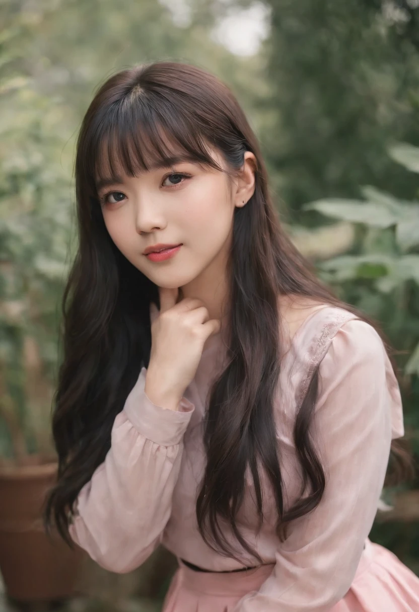 schoolgirls, Black color hair, Long hair, With bangs, The face shape is cute，Pink skirt， The expression is happy, The eyes are not big， Single Eyelids，,with brown eye,