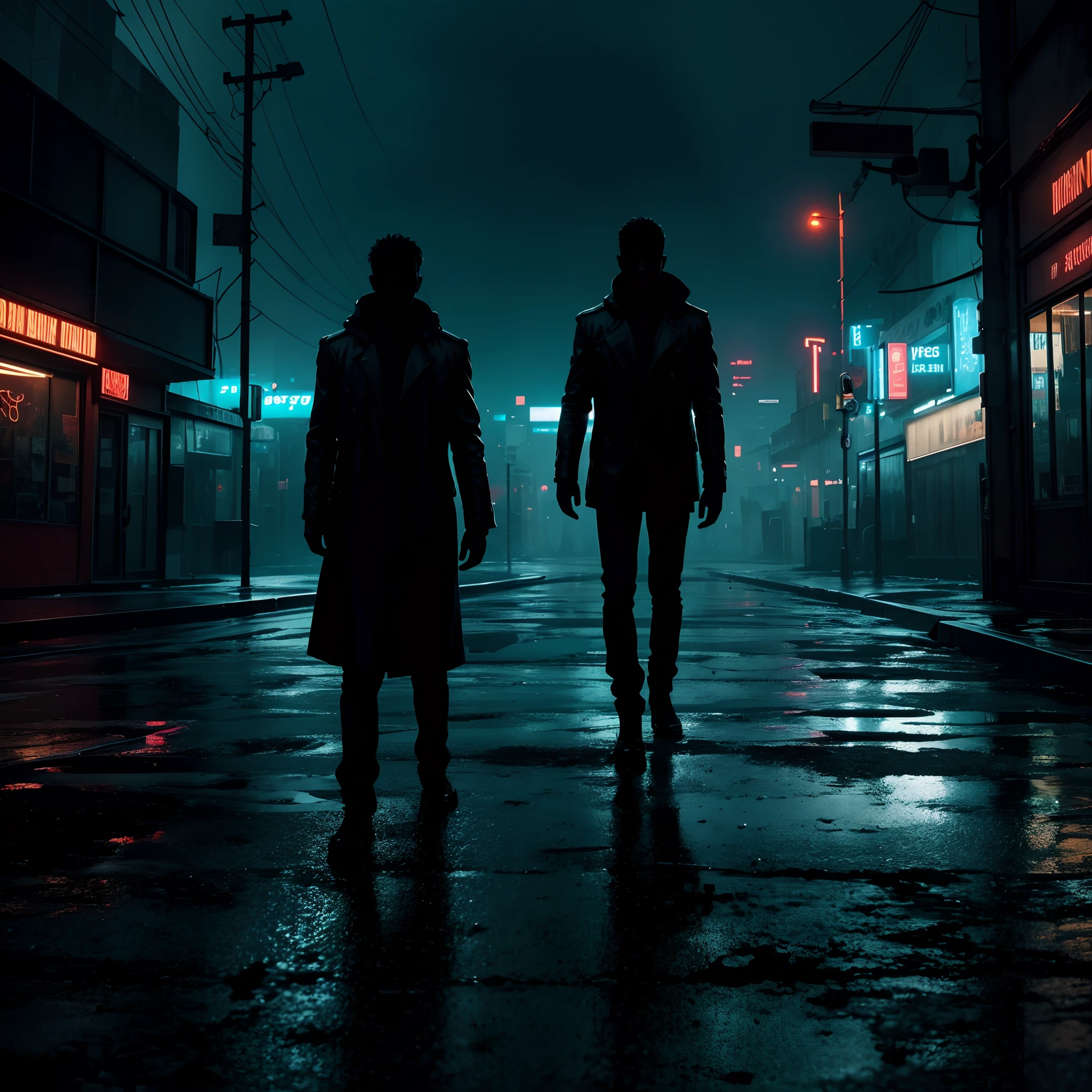 a desolate urban landscape, bathed in the eerie glow of a neon-lit, rain-soaked night. The foreground presents a shadowy silhouette, a figure hunched in contemplation, surrounded by shattered glass and urban decay. The stark contrast between the hauntingly beautiful yet ominous atmosphere and the central character conveys a sense of isolation and inner turmoil, perfectly encapsulating the themes of the song.