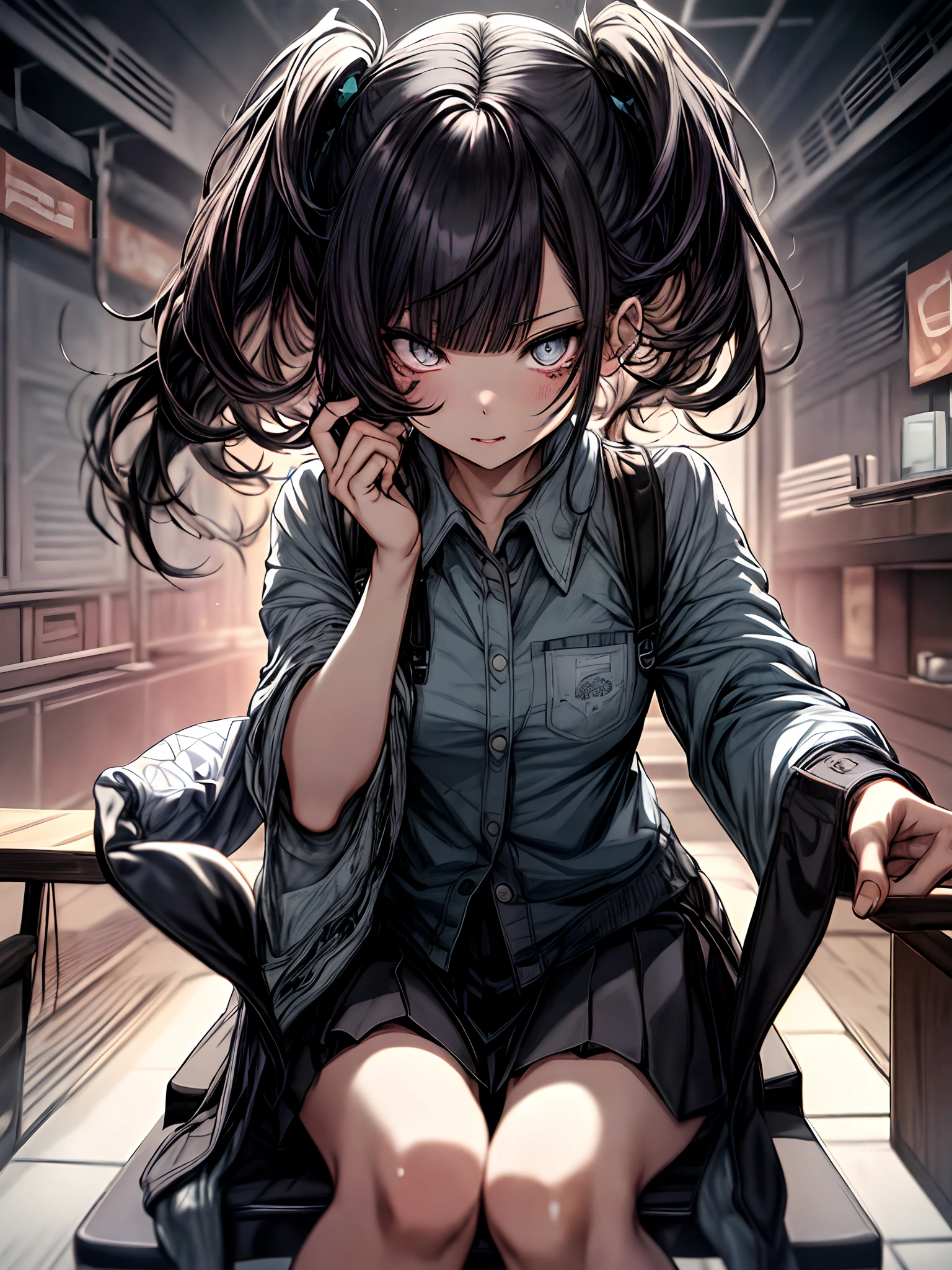 Full body、Sit on a chair, cross one's legs、Bag、High School Costumes、long、校服、A dark-haired、Twin-tailed、Ahegao ( Silly / Sexual ecstasy)、Cross-eyed、Stranger、View other people、Blunt bangs、 over-kneehighs,Ahegao , Silly,Sexual ecstasy,Drunken eyes,Blunt bangs,,(masutepiece:1.2, Best Quality), (finely detailed beautiful eye: 1.2), (Detailed background,Dark Fantasy), (beautifull detailed face), High contrast, (Best Illumination, extremely delicate and beautiful), ((Cinematic Light)), Colorful, Hyper Detail, Dramatic light, Intricate details,