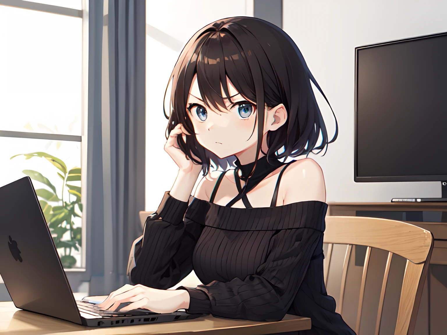 bestquality、Ultra High Resolution、1 、Short hair、Dark hair、hair ornament、indoor、office、Using a computer、White lace blouse、Black tight skirt、necklace、Small breasts