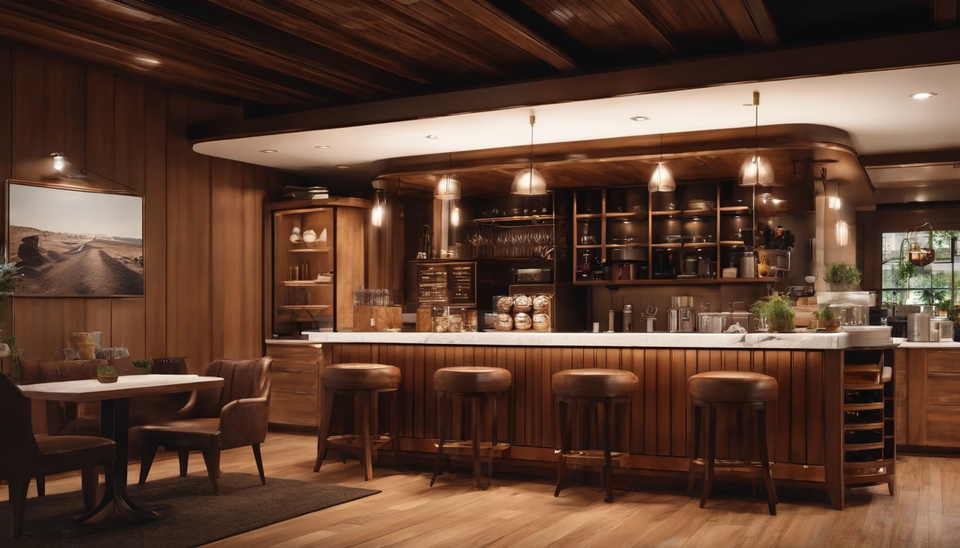 Coffee shop，Gorgeous renovation，refrigerator，cupboard，Wide scene，in a panoramic view，From the outside, hyper HD, High details