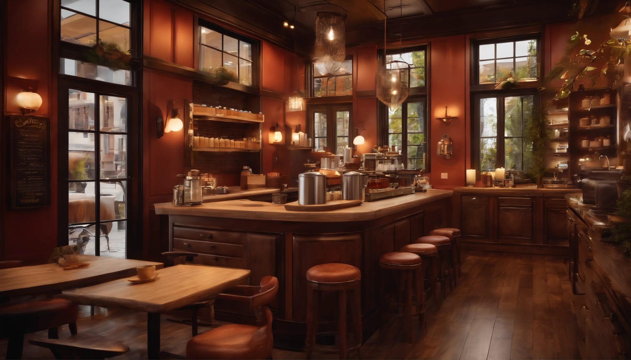 Coffee shop，Gorgeous renovation，refrigerator，cupboard，Wide scene，in a panoramic view，From the outside, hyper HD, High details