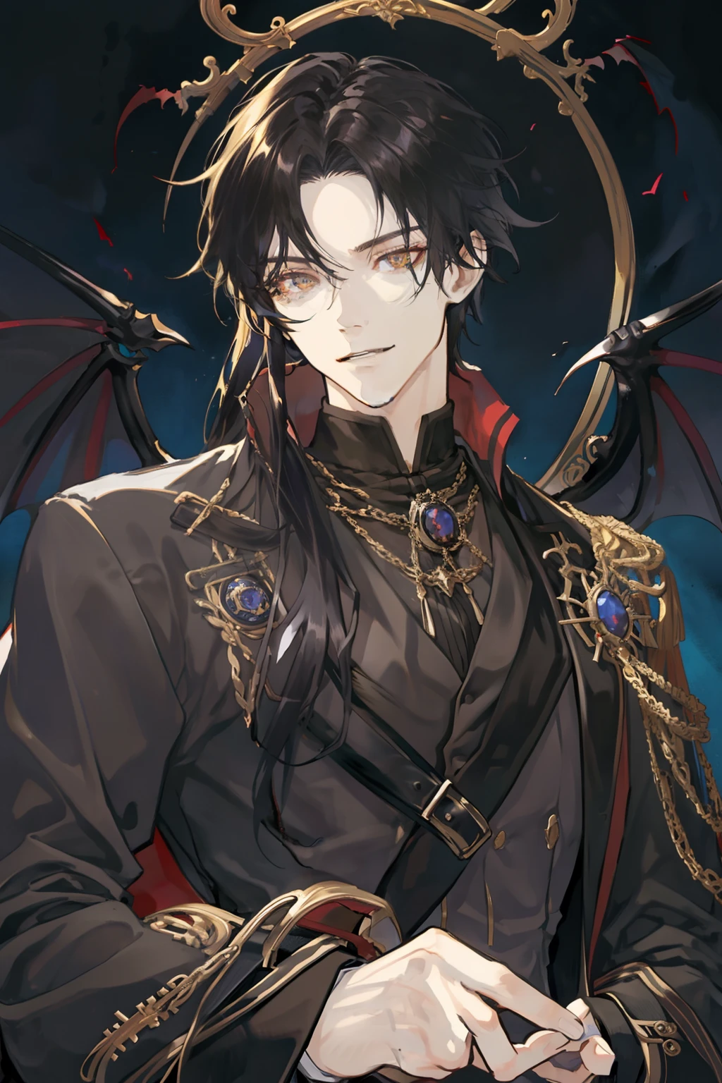 tmasterpiece、Need、1male people、AS-Adult、Tall muscular man、dark themes、Vampires、Golden eyes，brunette color hair，gentleness，(The upper part of the body)，Black Tailcoat，ssmile，courteous，solidcolor