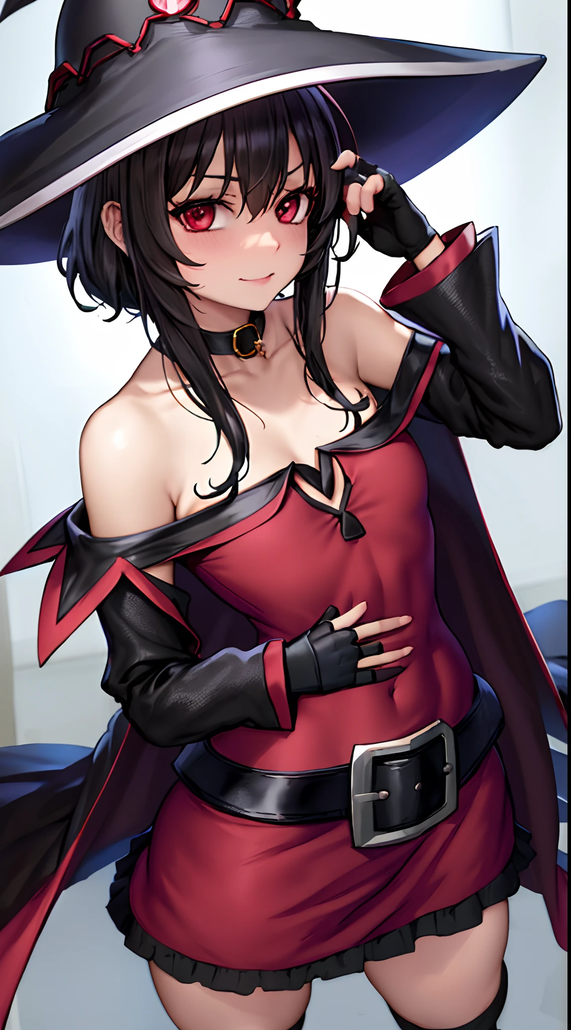 neoartcore, megumin, 1girl, bare shoulders, black cape, black gloves, black hair, blush, cape, choker, collarbone, dress, fingerless gloves, gloves, hair between eyes, hat, long sleeves, looking at viewer, medium hair, off-shoulder dress, off shoulder, red dress, red eyes, sidelocks, solo, witch hat, ((masterpiece))