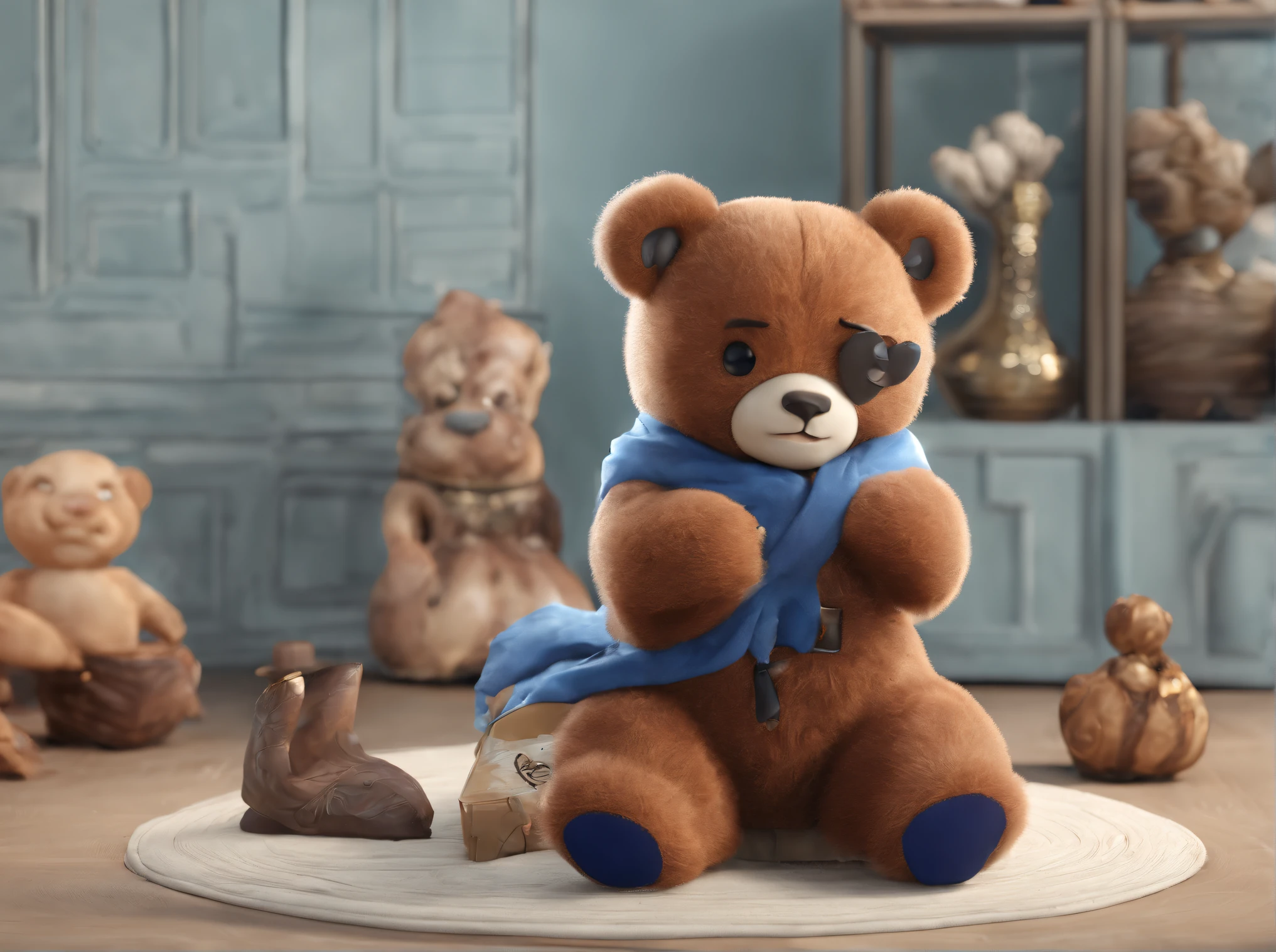 (Same character, Front, Side, back)(Teddy bear in kung fu training:1.5)(Wearing blue teddy bear hooded jumpsuits:1.37),, Maya 8 K, anime lush john 8k woods, 3 d character, 3d character, Diego 5, 3D model Pixar rendering,, rendered in maya, rendering by octane.