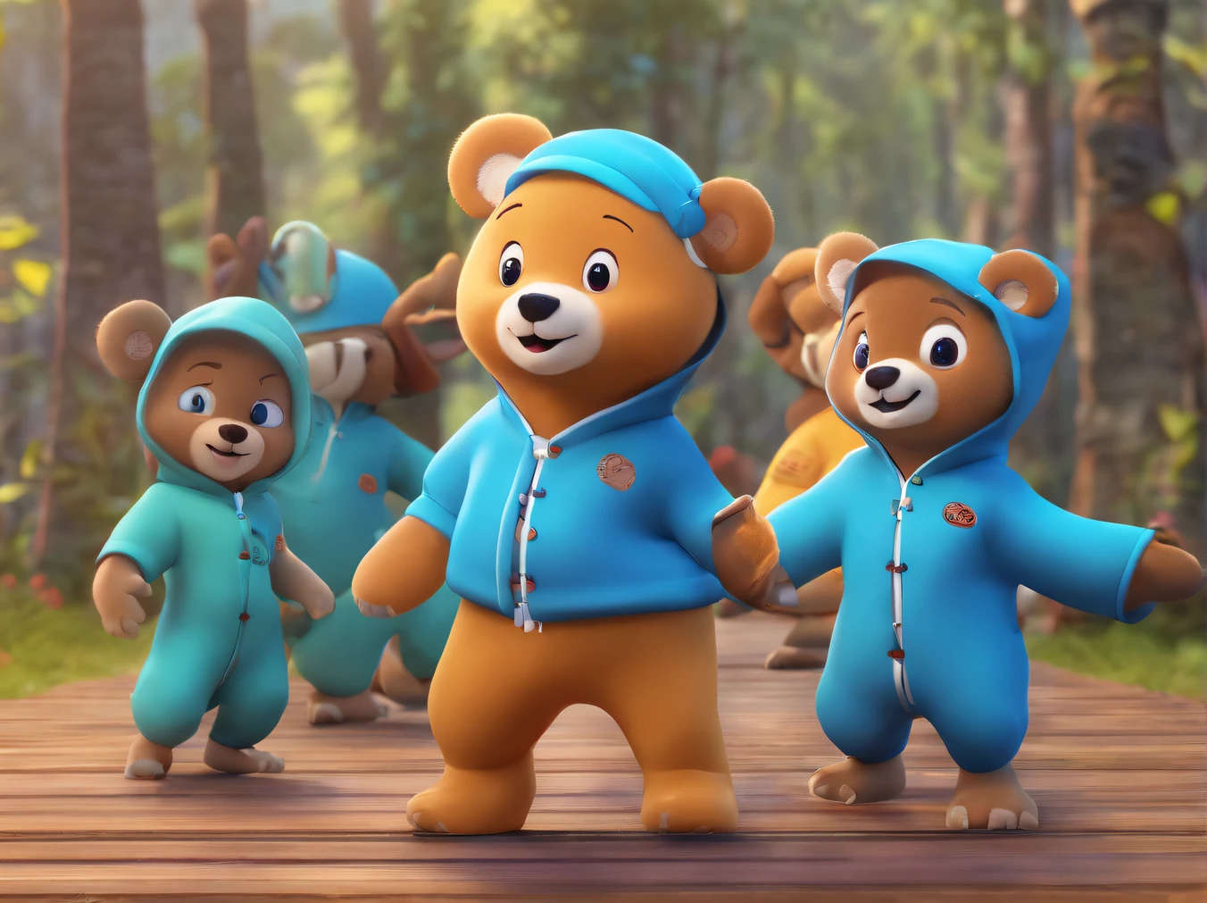 (Same character, Front, Side, back(Teddy bear in kung fu training:1.5)(Wearing blue teddy bear hooded jumpsuits:1.37),, Maya 8 K, anime lush john 8k woods, 3 d character, 3d character, Diego 5, 3D model Pixar rendering,, rendered in maya, rendering by octane.