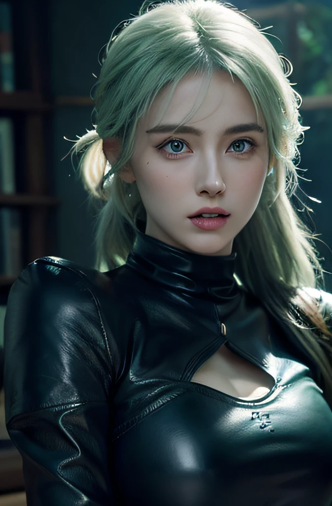 ciri、a picture、Extraordinary Beauty、oval jaw、Delicate features、beautiful countenance、The hair、long bangs、long pony tail、bright blue-green eyes、LDS Art, Having sex, huge tit, sticking out the tongue, Wearing black leather gloves, Cool Beauty
