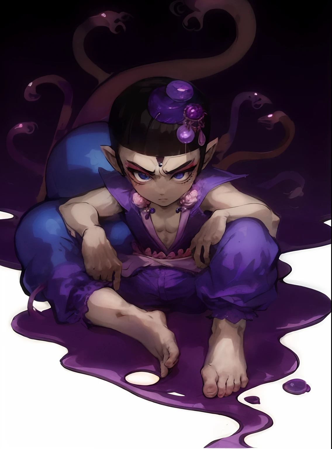 Cartoon picture of a young man sitting on a purple substance,Hulu Chinese Style Big Eyes Cute Cartoon Q Version Ink Elf Human Hybrid, Akira in Chinese mythology, djinn man male demon, jojo anime style, male djinn man demon hybrid, beautiful avatar picture, shin megami tensei, 《Street Fighter》Juli Han, muffet from undertale, maya fey from ace attorney, some purple