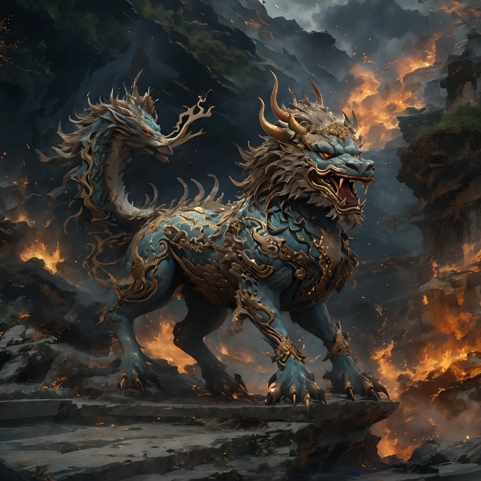 (Best quality,Masterpiece, iintricate,hyper-detailing,1.4x realism,RAW photo,8K  UHD,超高分辨率,Photorealistic style,Cinematic scenes, Sharp focus,Dramatic lighting,extremely detailed CG unity wallpaper) ,dahuangdongjing，Fire Qilin，Fire Qilin in volcanic lava，dream magical、fanciful，ogre、fang、Riding