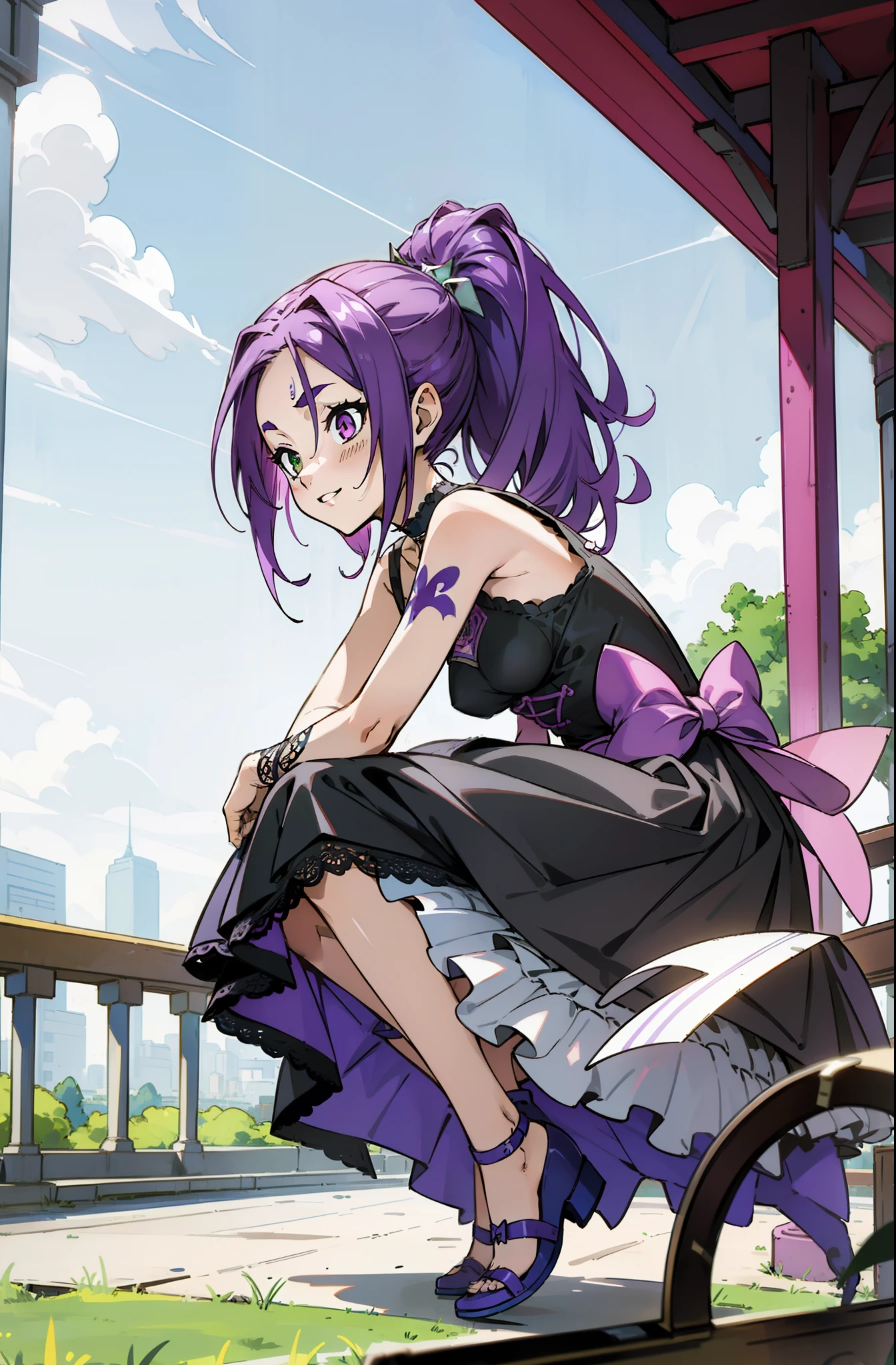 Colorful, Up-close, purple color hair, Ultra-realistic hair quality, Vibrant colors, Young Girl, girl, Beautiful long hair, Shiny hair, detailed hairs, Hair Ribbon, Single-sided up, Reo Mikage, Blue Lock, no sleeves, Sleeveless, Open shoulders, Cinderella, Drawing, Panniers and Cinderella, Cinderella Dresses, Lace dress, long-one-piece dress, White stockings, Lace Leggings, Chest exposure, Lace underwear, Metamorphosis is exposed, Choker, Black Choker, complete fingers, Five Fingers, Two arms, Two hands, The tattoo, body tattoo, arm tattoos, Blue Rose Tattoo, Tattoo on the wrist, Tattoo on the thigh, Relative area, Sexy breasts, Big breasts, red blush, 1girl in, Solo, Sharp face, Heterochromia, Green eyes, Purple eyes, Bare neck, Happy face, lightsmile, Skirt in dress, Panniers in dresses,Sitting on the premises, Scenery of Shanghai, Castles, crouching down, Bare legged, Sandals, masutepiece, Ultra-detailed, Hyper-detailing, Best Quality