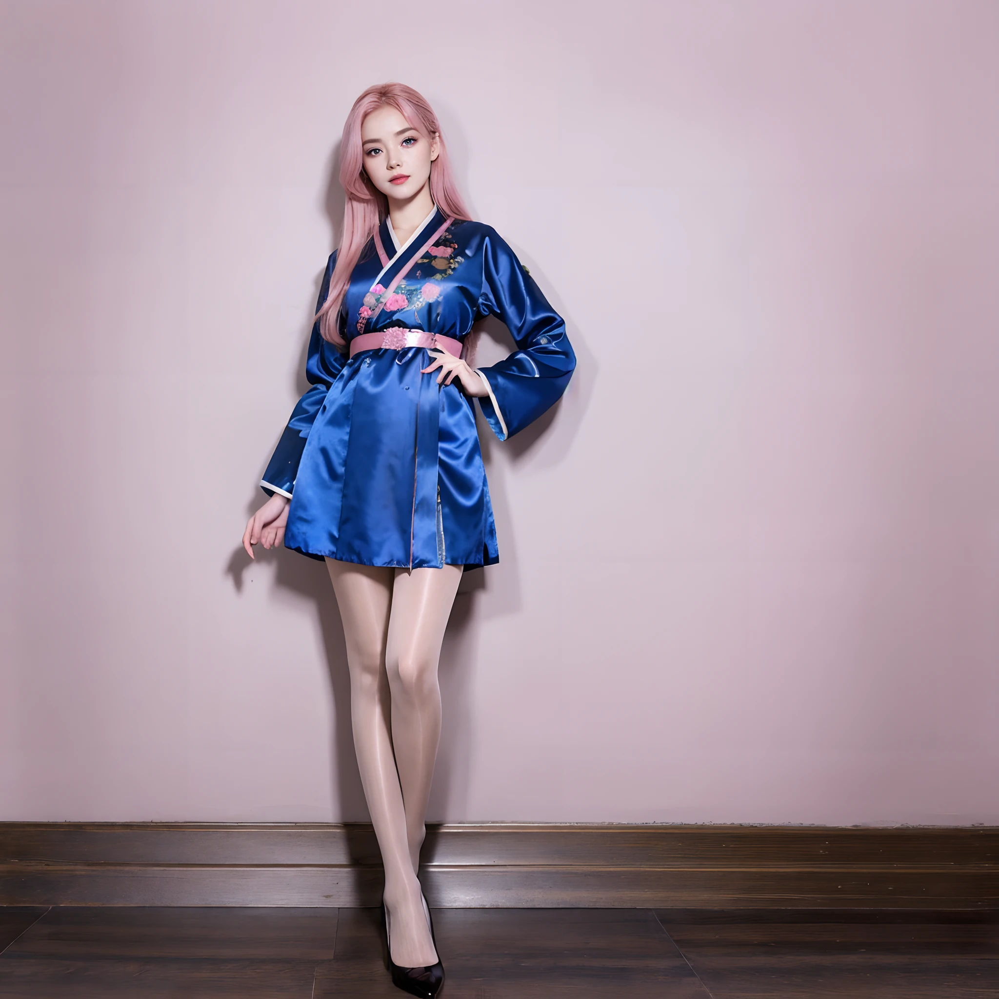 (finely detailed beautiful eyes and detailed face,masterpiece sidelighting,Masterpiece,Best quality,Detailed,high-resolution illustrations),, (1girll,Whole body,a beauty girl,Glossy glossy skin,Looking down,view the viewer),, (Pink hair,Blue eyes,ribbon,Hanbok, korean clothes), (wears_underbust:1.2),underbust,Flesh-colored pantyhose High heels