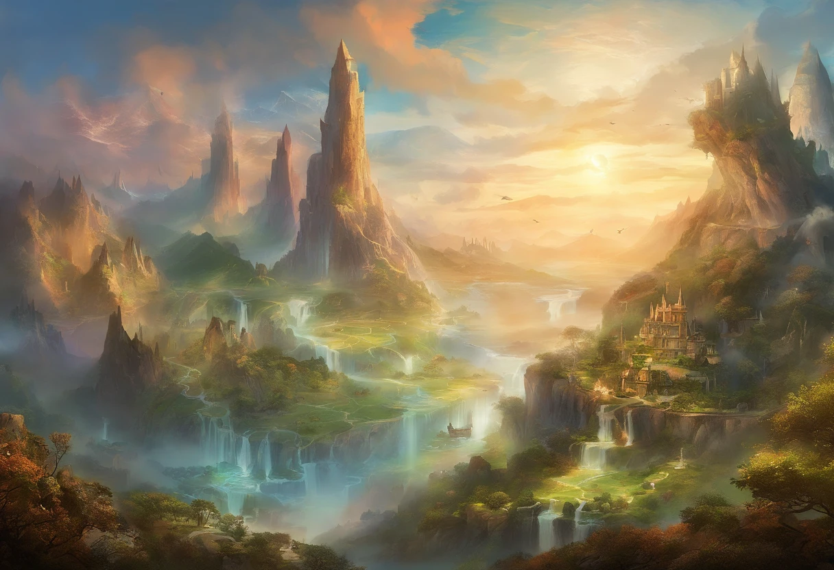 MAP, World Map, Landscape, Sky View, 3D Map, Fantasy World Map, Forests to the east, mountains to the west, ocean to the south, and jagged wasteland to the north. Cities and  settlements dot the landscape.