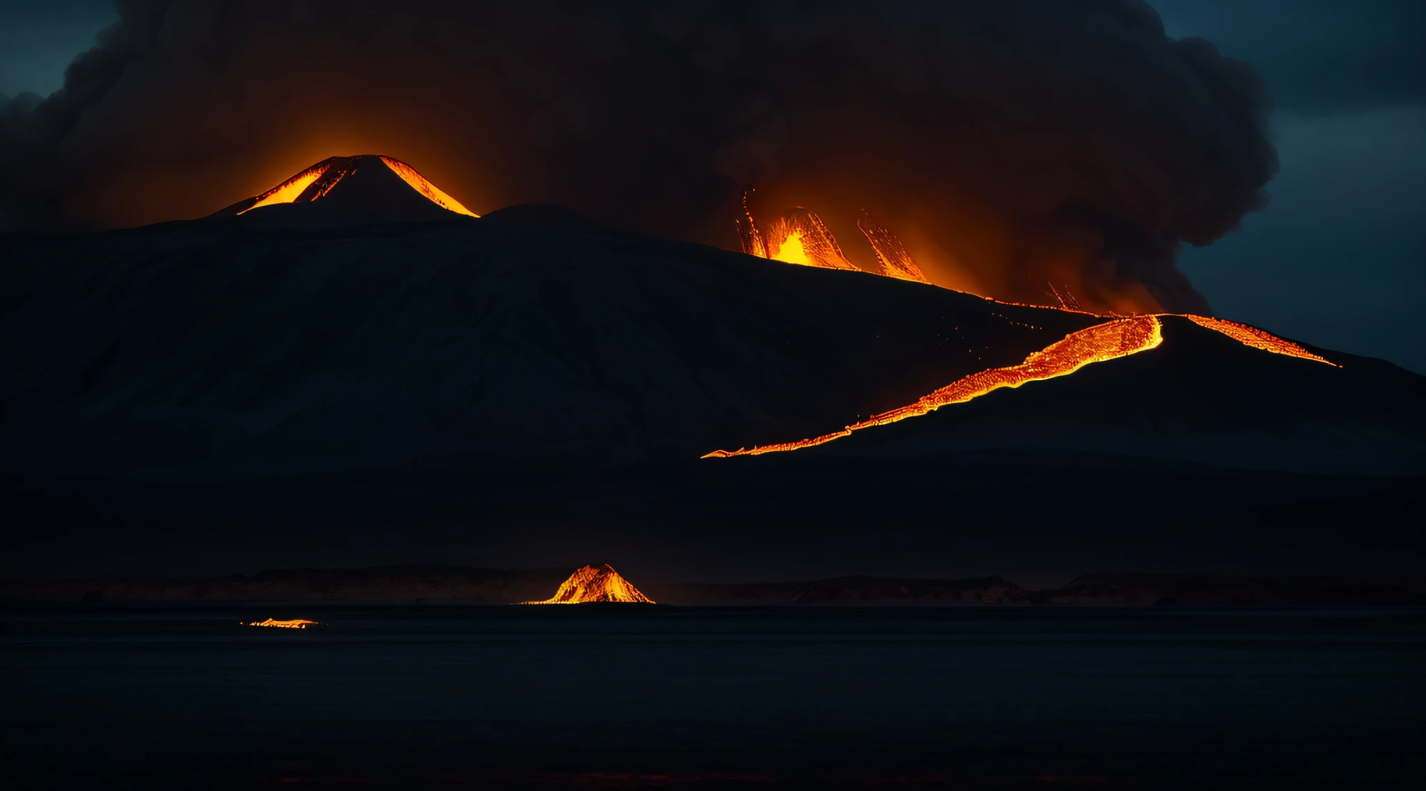 A majestic volcanic eruption captured through photography, inspired by Ansel Adams, featuring a towering volcano spewing molten lava, framed with a dramatic 50mm lens, casting a warm, fiery hue over the rocky landscape, with awe-struck onlookers in the foreground, their faces illuminated by the volcanic glow. The image exudes a sense of wonder and peril