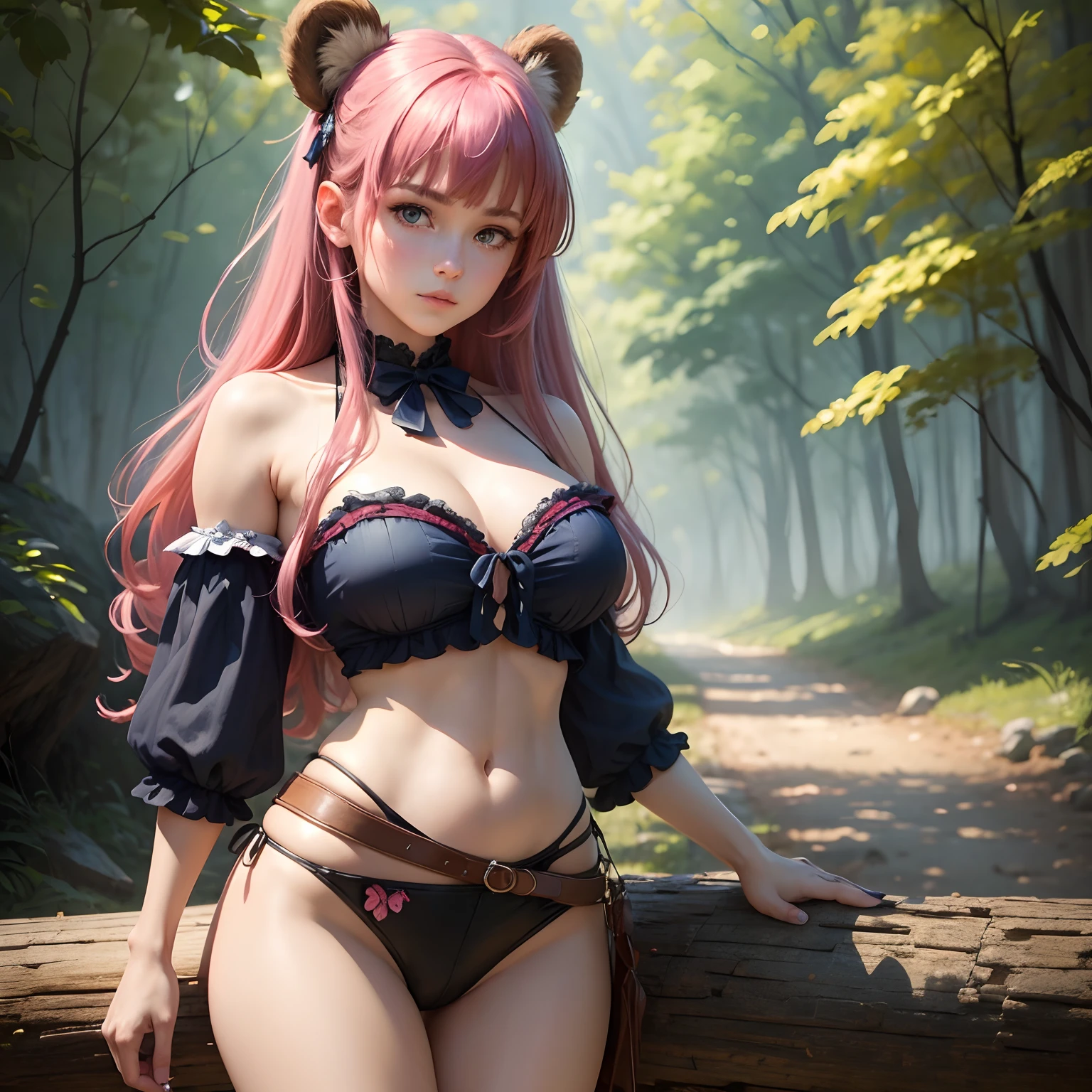 8k, masterpiece, best quality, realistic, higly detailed, cowboy shot, 1girl, solo, Nino, cute, cold-looking girl, waist-length straight hair, square bangs hanging over eyebrows, reddish-pink hair, twin butterfly-shaped ribbons on both sides of head, dark blue eyes, average height, well-endowed figure, large breasts, fashionable girl, various cute accessories, takes care of nails, Bear of Sloth