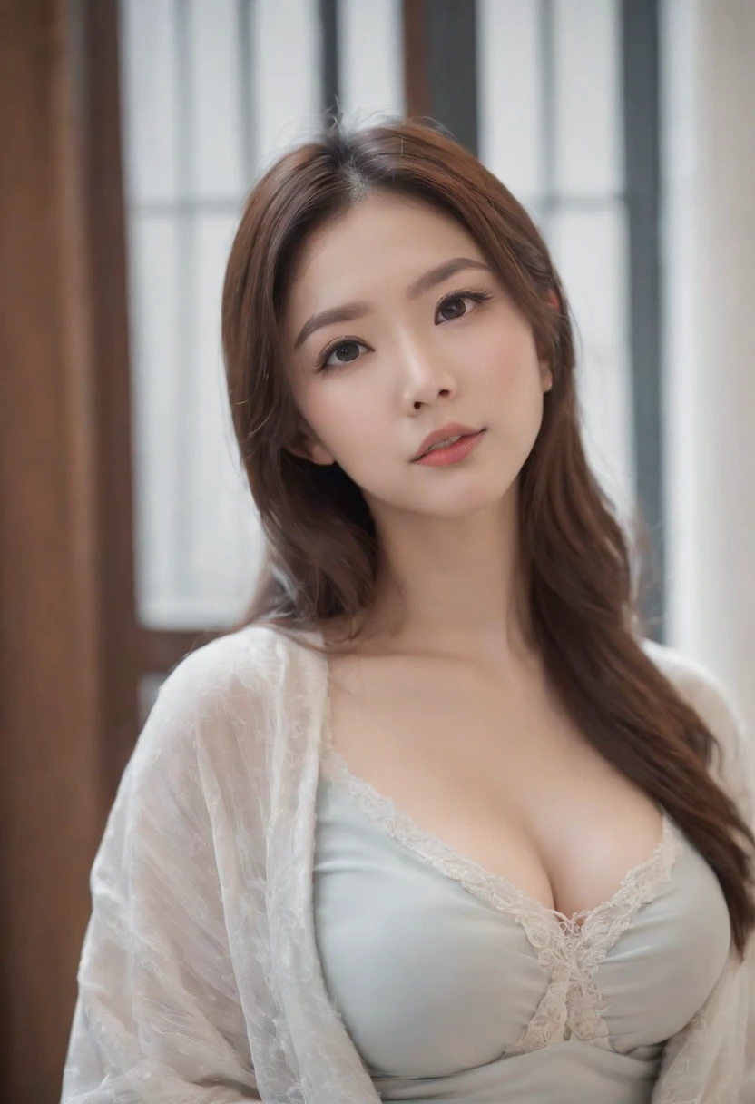 Delicate and beautiful Chinese woman，casual Sportswear，big cleavage breasts，Long hair with a shawl，full bodyesbian，chest focus，gym room，simple backgound，from the above，looking at viewert