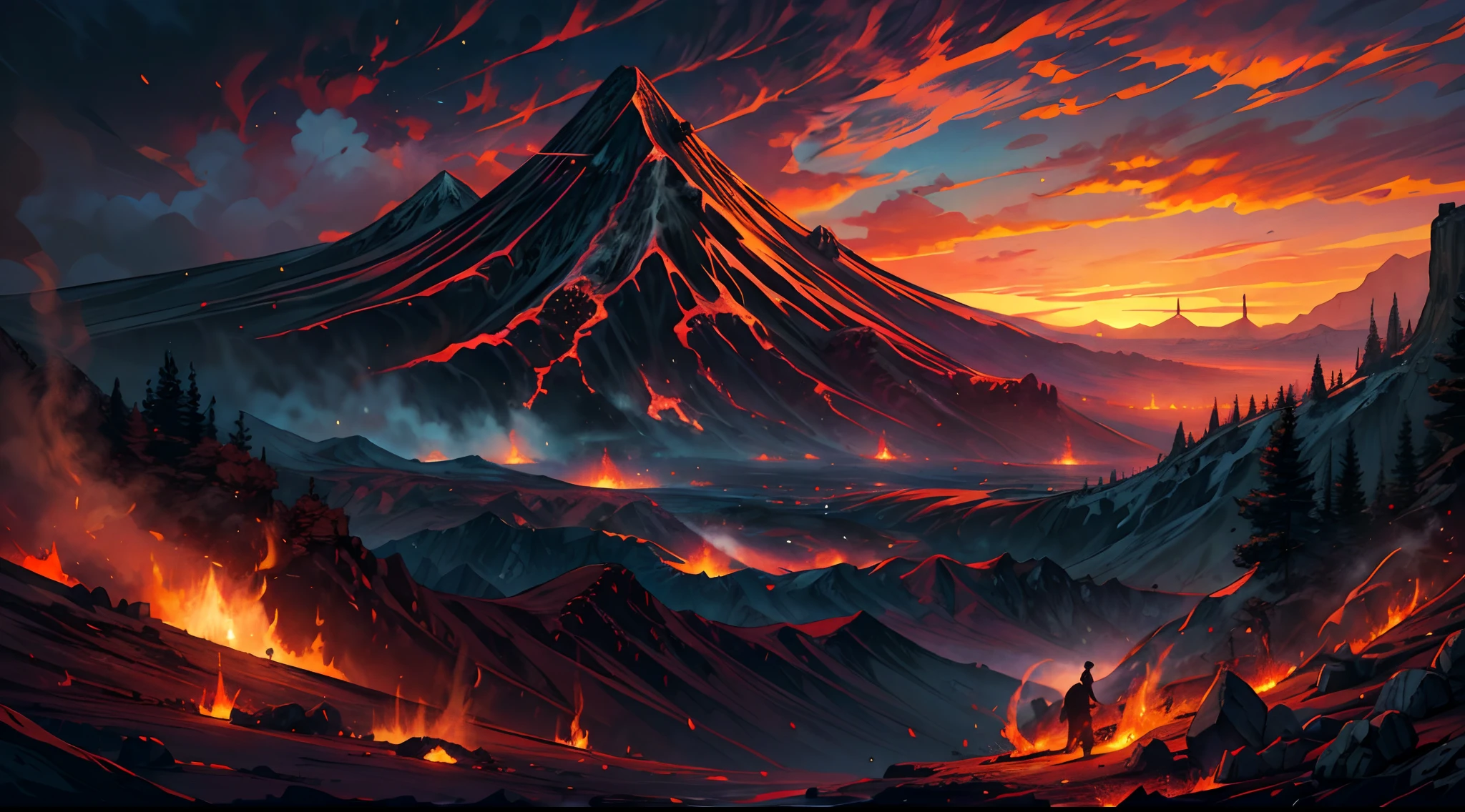 A digital illustration of a volcanic landscape reminiscent of the works of Thomas Moran, with rich, vivid colors depicting a volcanic peak against a twilight sky, surrounded by a pristine wilderness. The atmosphere is serene yet foreboding, emphasizing the power of nature.