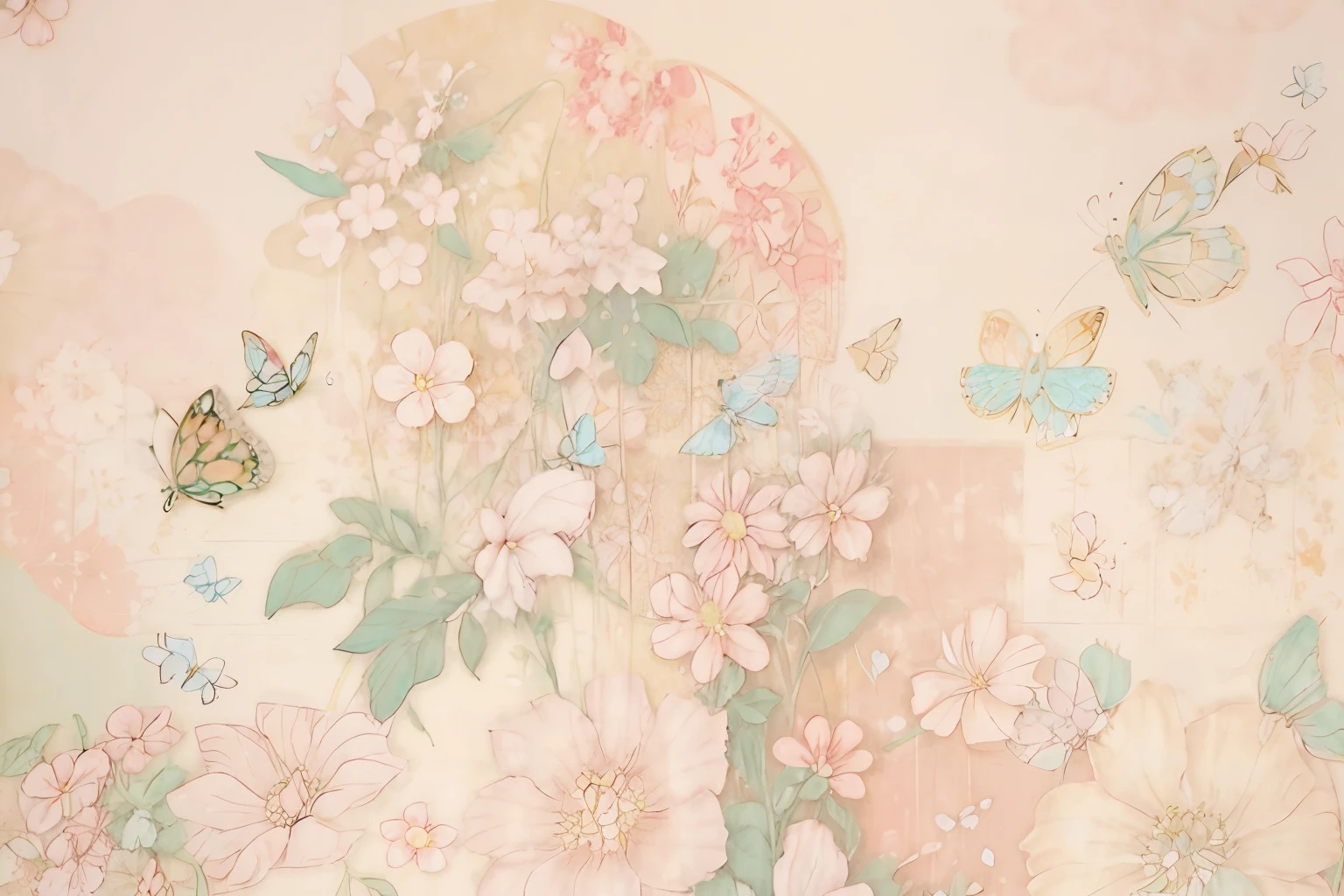 There is a painting of flowers and butterflies, delicate garden on paper, flowers and butterflies, dreamy floral background, In pastel colors, pastel flowery background, floral wallpaper, soft flowers, flowery wallpaper, floral renewal, soft and muted colors, pastelcolor, floral dream, Beautiful wallpaper, pastel style painting, soft and muted colors, floral environment, flowers and blossoms